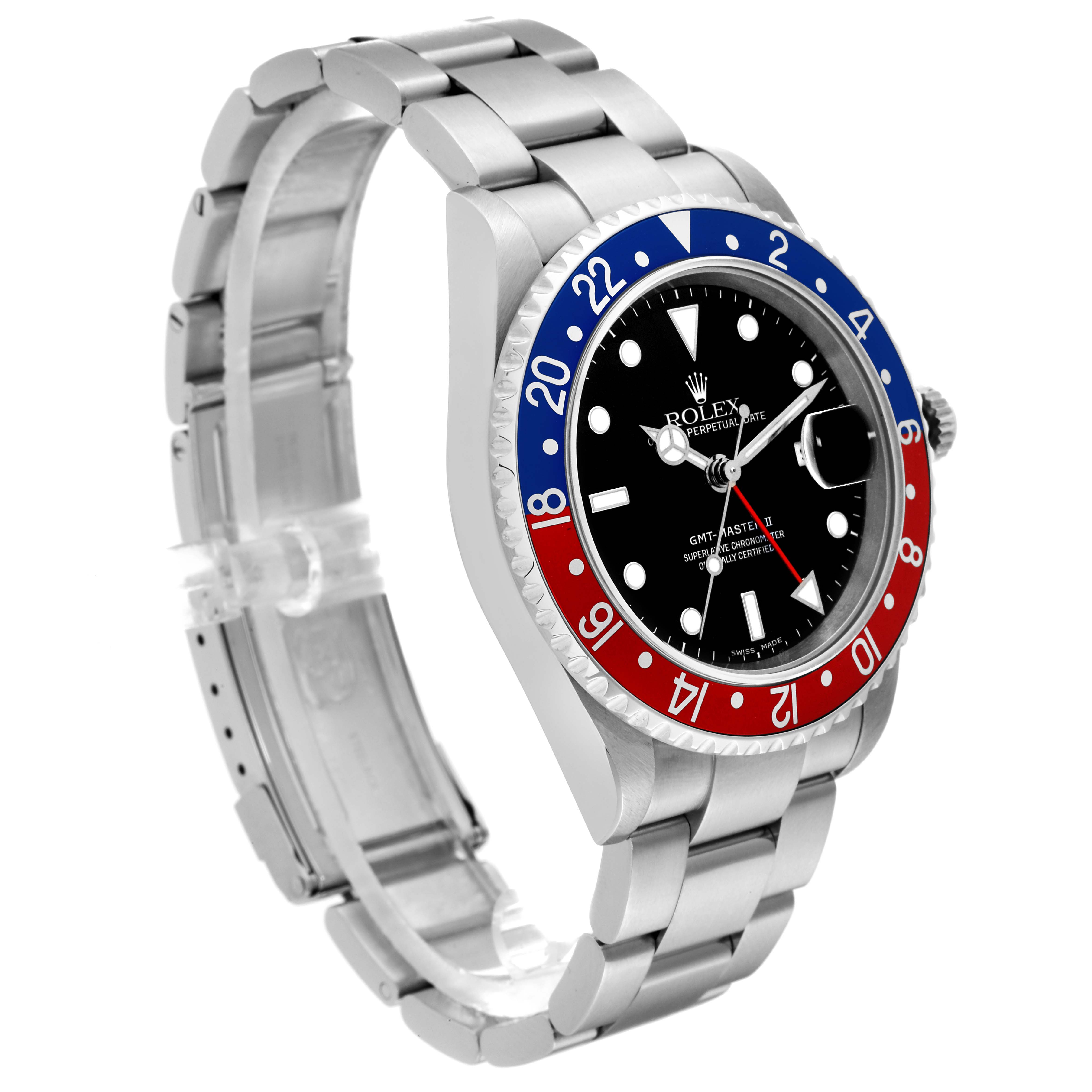 The image shows a side angle of the Rolex GMT-Master 16710 Men
s Stainless Steel Black Dial 16710 Men
s Stainless Steel Black Dial II watch, displaying the bezel, dial, and bracelet.