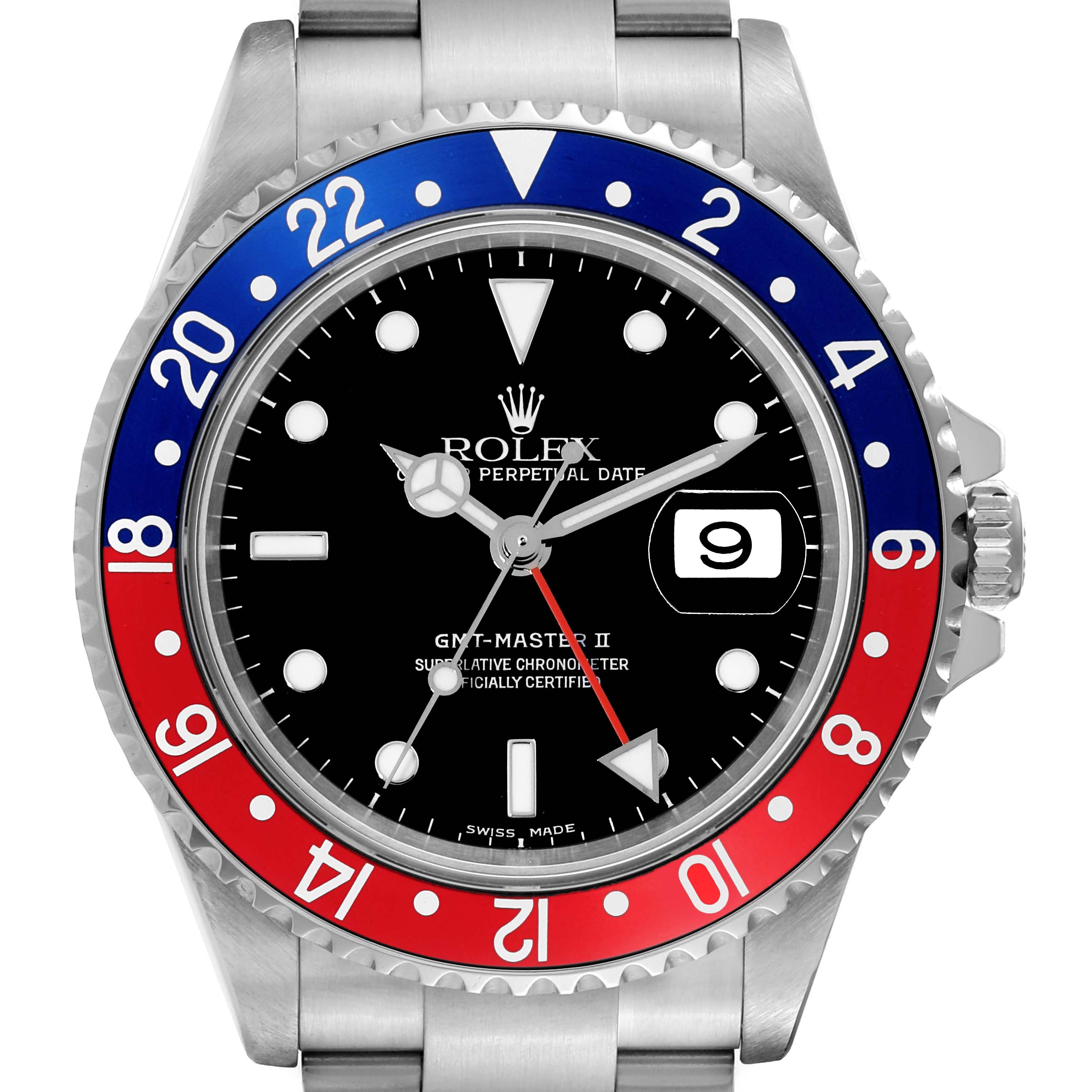 This image shows a front view of a Rolex GMT-Master 16710 Men
s Stainless Steel Black Dial 16710 Men
s Stainless Steel Black Dial II watch, displaying the bezel, dial, and date window.