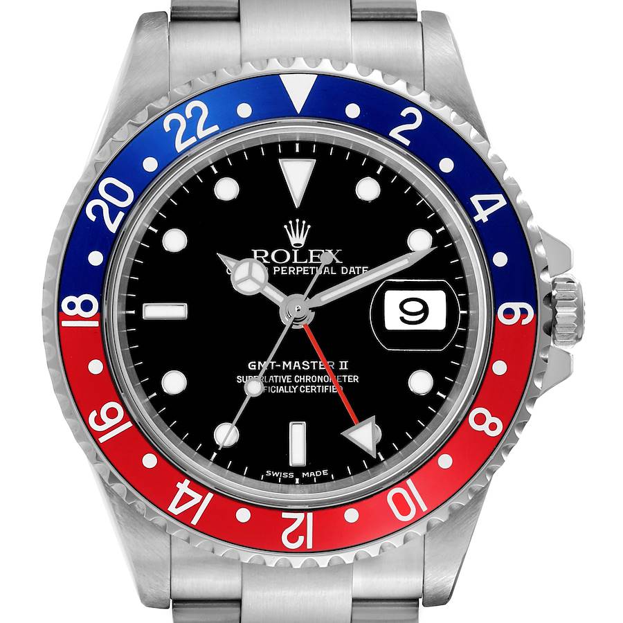 Rolex GMT Master II Blue Red Pepsi Bezel Steel Mens Watch 16710 SwissWatchExpo