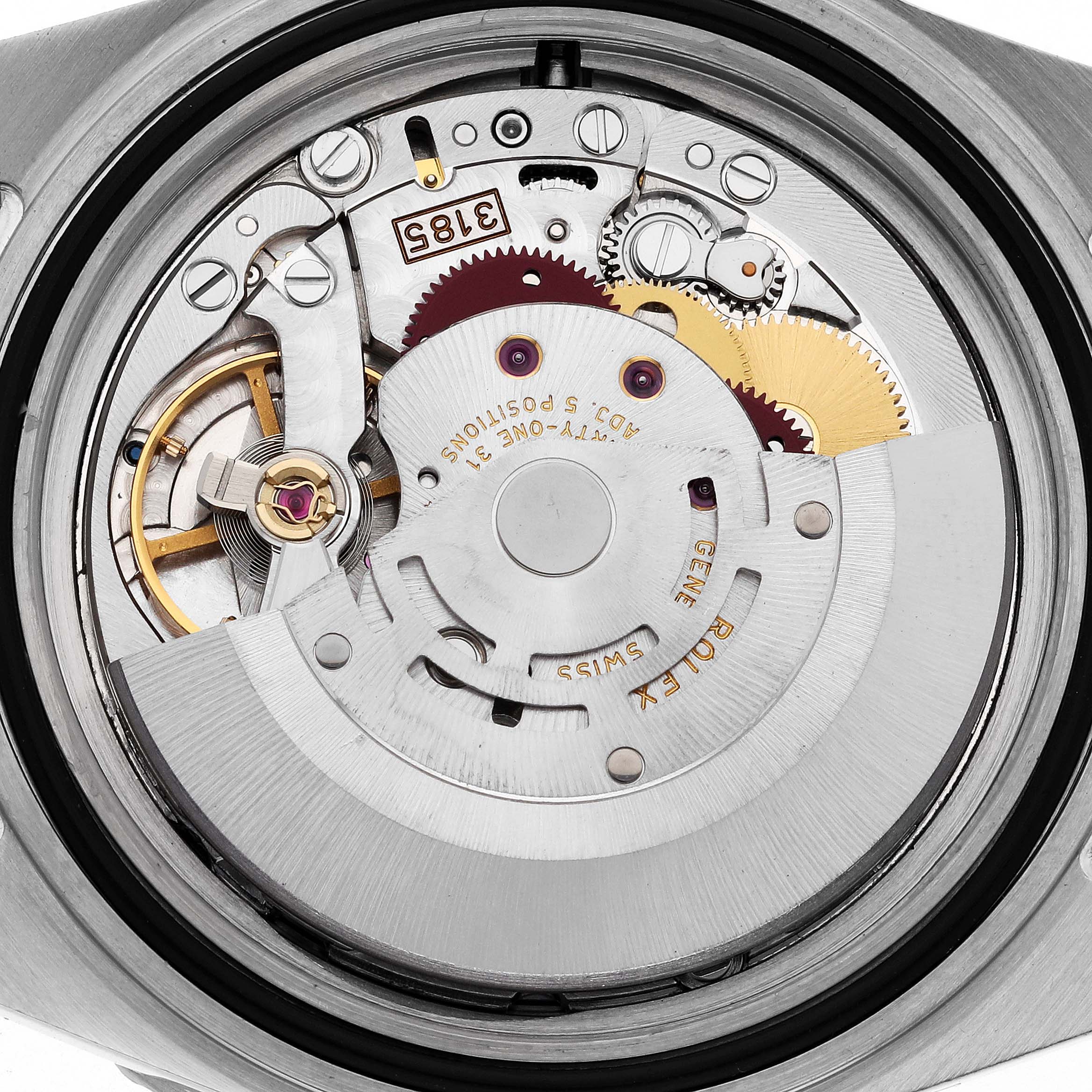The image shows the movement mechanism of the Rolex GMT-Master 16710 Men
s Stainless Steel Black Dial 16710 Men
s Stainless Steel Black Dial watch from a rear angle, highlighting gears and components.