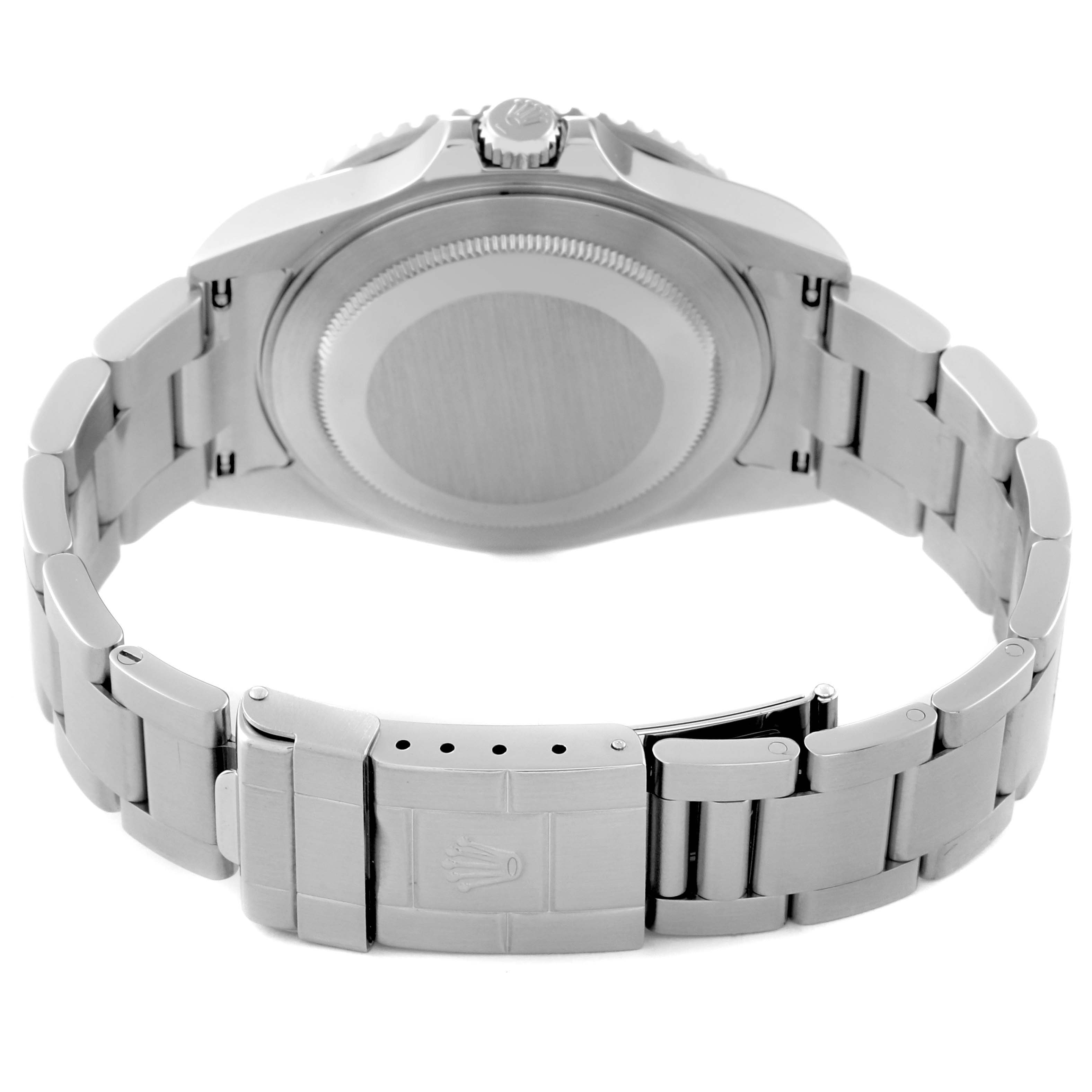 This image shows the back case and bracelet of a Rolex GMT-Master 16710 Men
s Stainless Steel Black Dial 16710 Men
s Stainless Steel Black Dial watch from a rear angle.