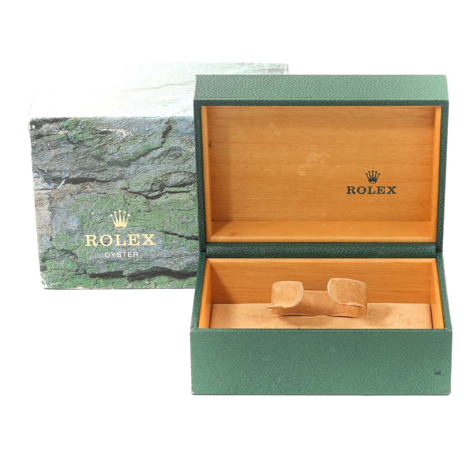 This image shows an empty Rolex GMT-Master 16710 Men
s Stainless Steel Black Dial 16710 Men
s Stainless Steel Black Dial watch box, open and displayed alongside its outer packaging.