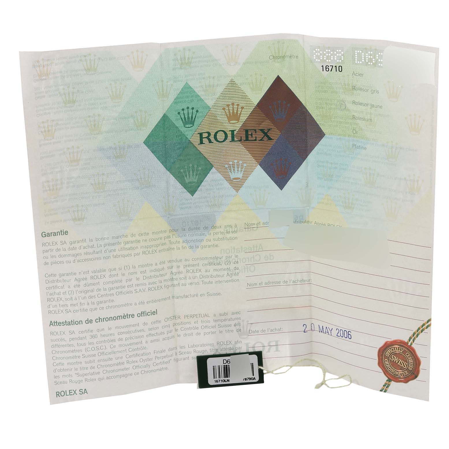 The image shows the warranty card and documentation for the Rolex GMT-Master 16710 Men's Stainless Steel Black Dial 16710 Men's Stainless Steel Black Dial model.