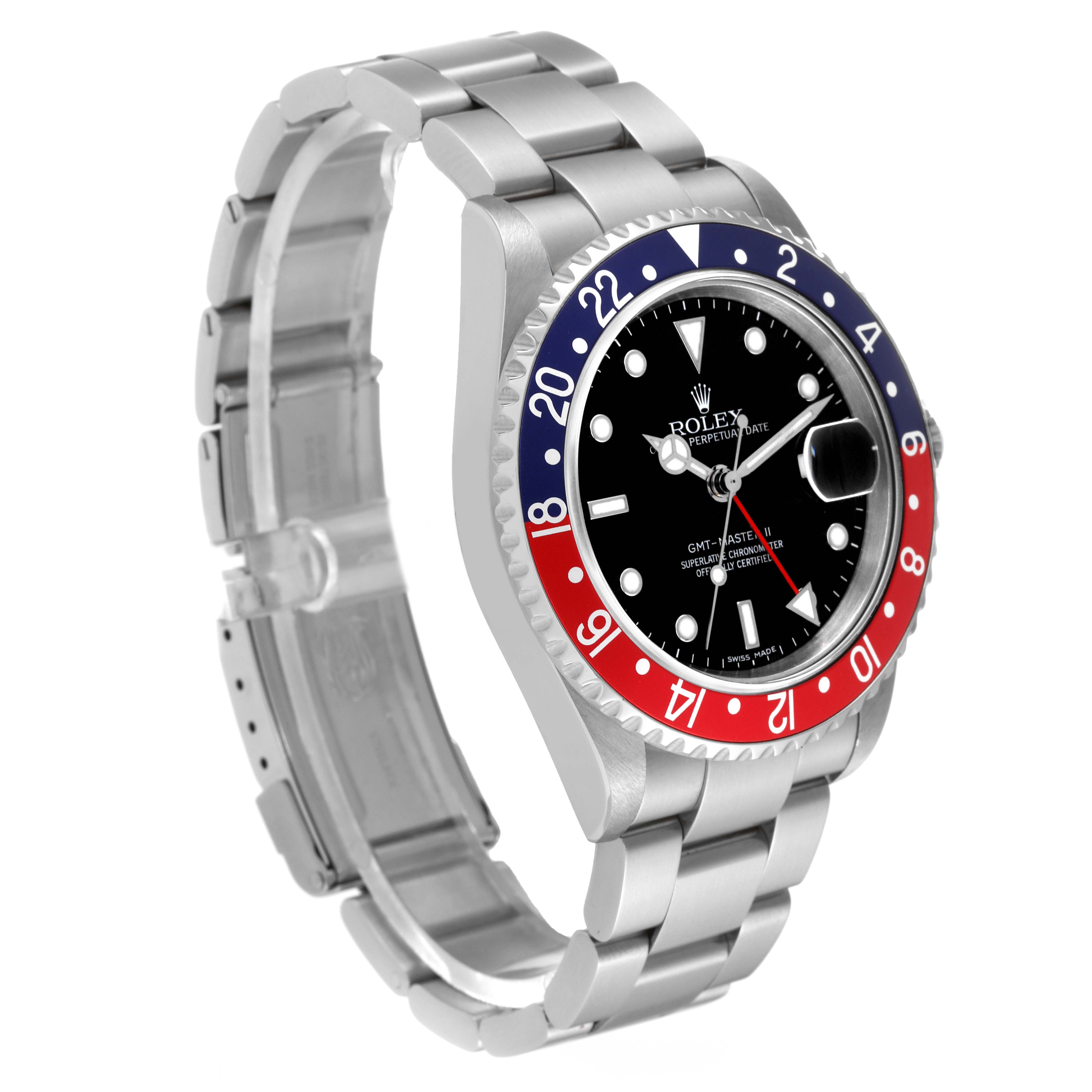 The Rolex GMT-Master 16710 Men's Stainless Steel Black Dial 16710 Men's Stainless Steel Black Dial watch is shown at an angle displaying the face, bezel, and part of the bracelet.