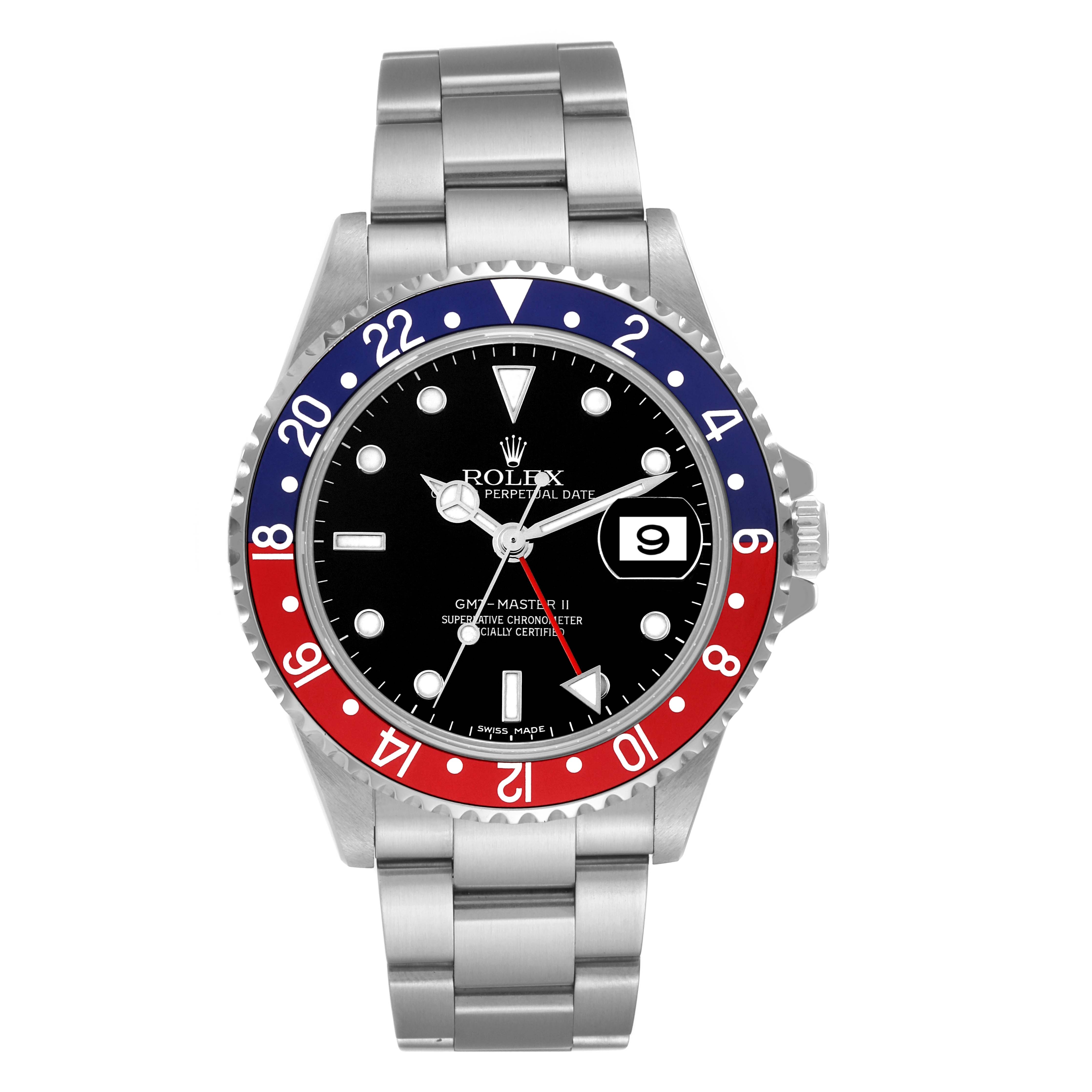 The image shows a front view of a Rolex GMT-Master 16710 Men's Stainless Steel Black Dial 16710 Men's Stainless Steel Black Dial II watch, revealing the bezel, dial, hands, date, and bracelet.