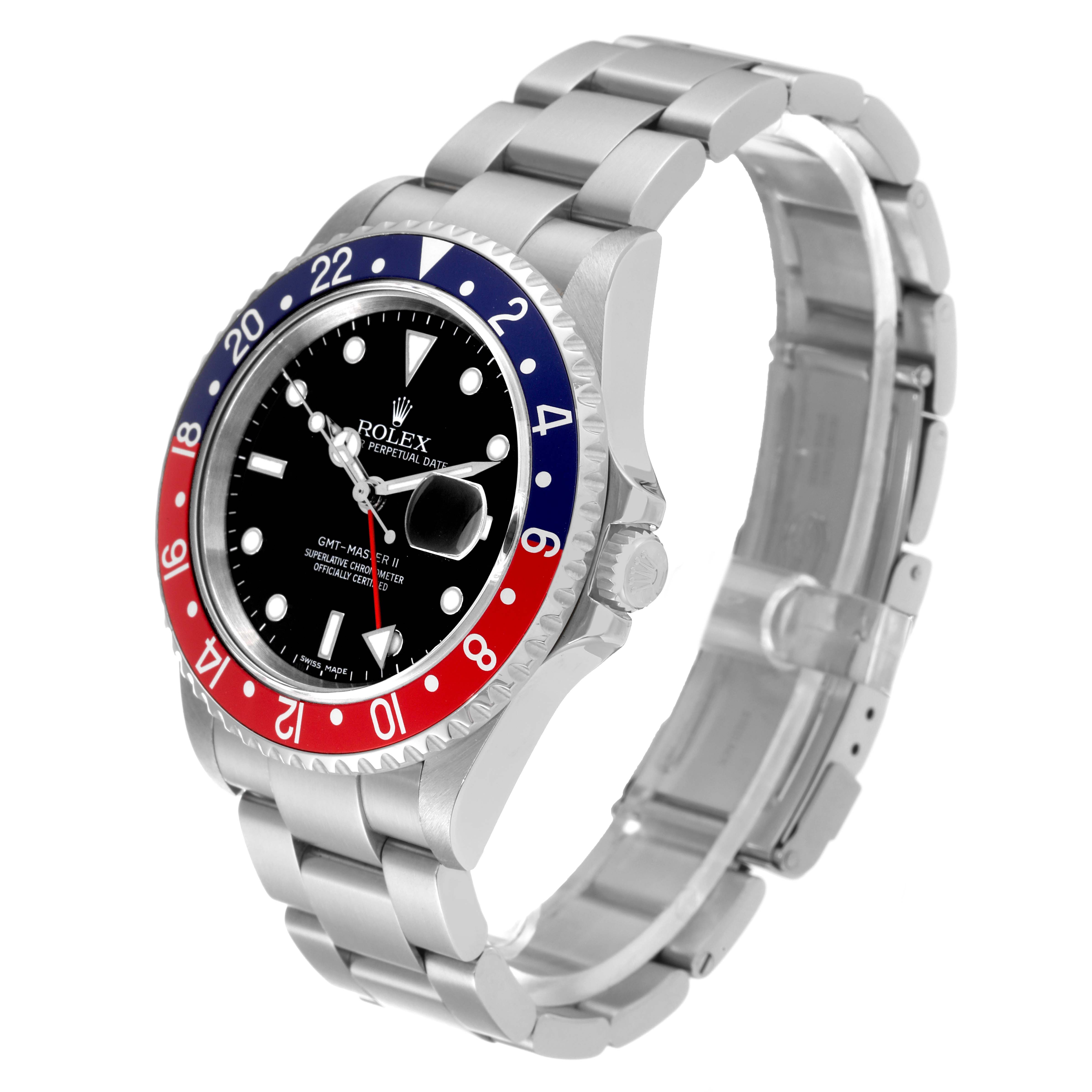 The image shows a side and front view of a Rolex GMT-Master 16710 Men's Stainless Steel Black Dial 16710 Men's Stainless Steel Black Dial watch, highlighting the bezel, dial, and bracelet.