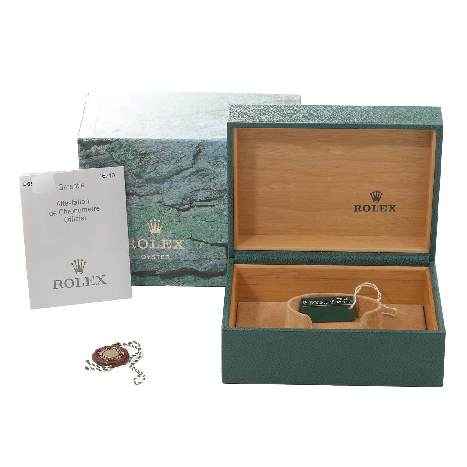 The image shows the packaging contents for a Rolex GMT-Master 16710 Men's Stainless Steel Black Dial 16710 Men's Stainless Steel Black Dial watch, including the box, guarantee booklet, and tag.