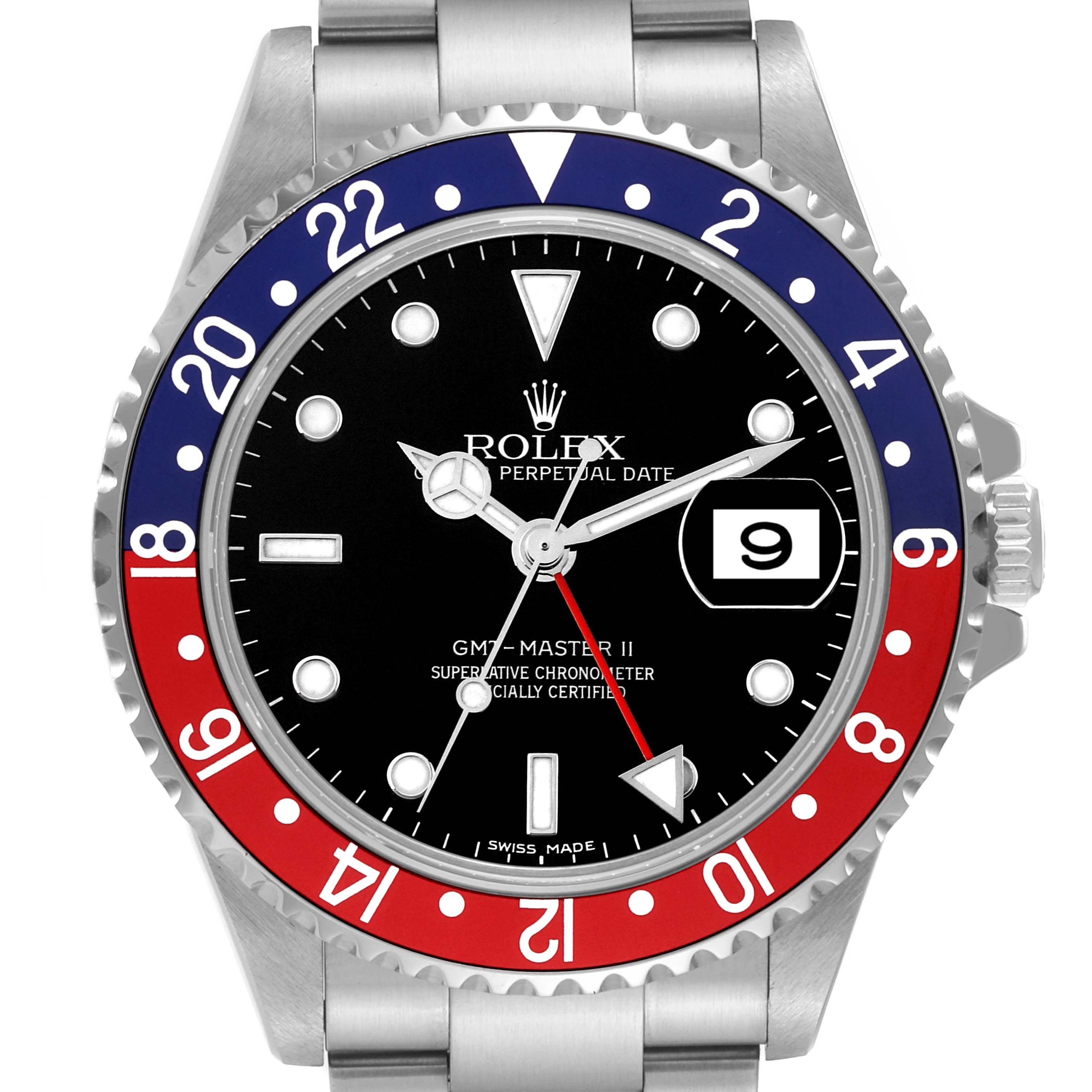 This image shows the face and bezel of a Rolex GMT-Master 16710 Men's Stainless Steel Black Dial 16710 Men's Stainless Steel Black Dial II watch, including the hour markers, date window, and the "Pepsi" bezel.