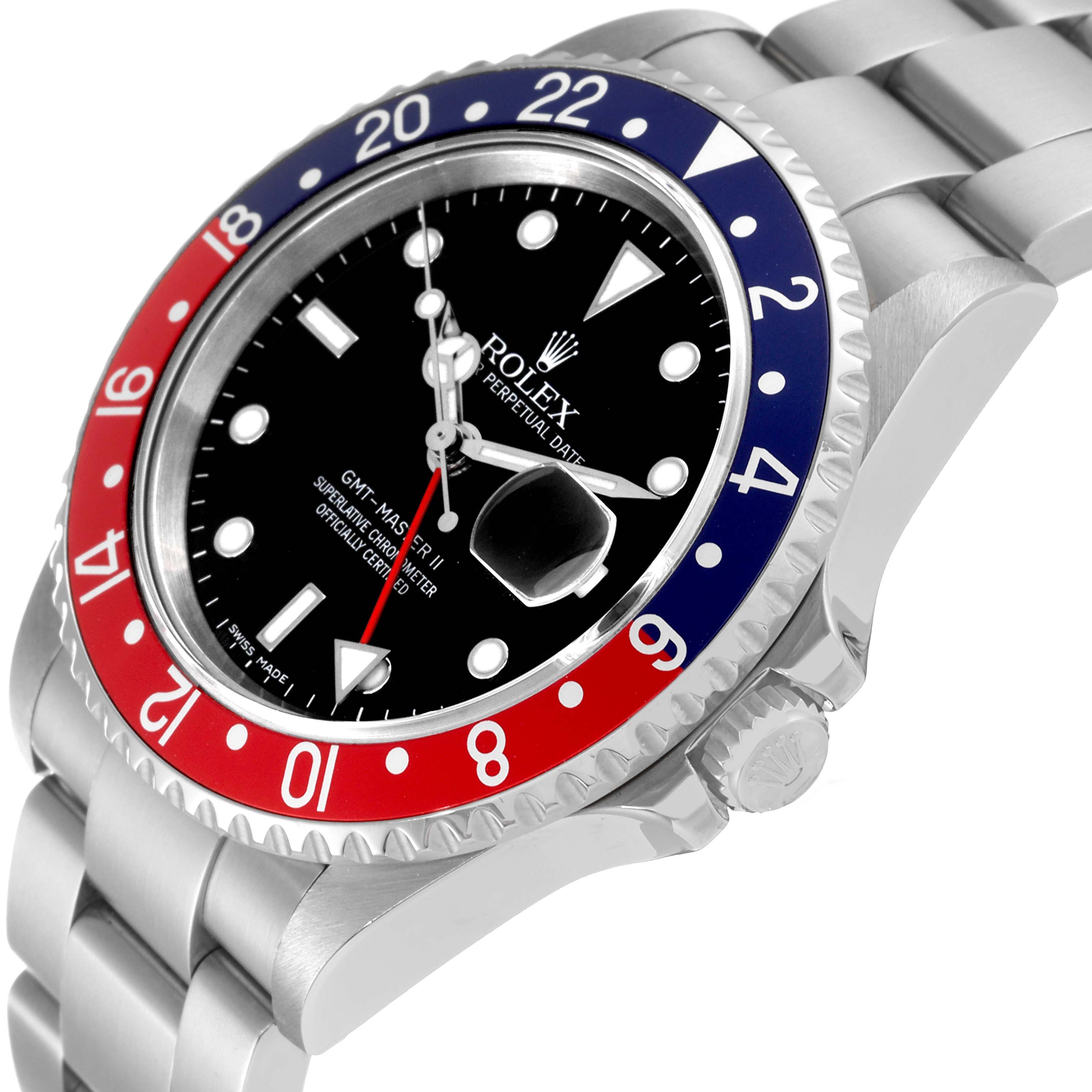 This Rolex GMT-Master 16710 Men's Stainless Steel Black Dial 16710 Men's Stainless Steel Black Dial watch is shown from an angled side view, highlighting its bezel, bracelet, and crown.