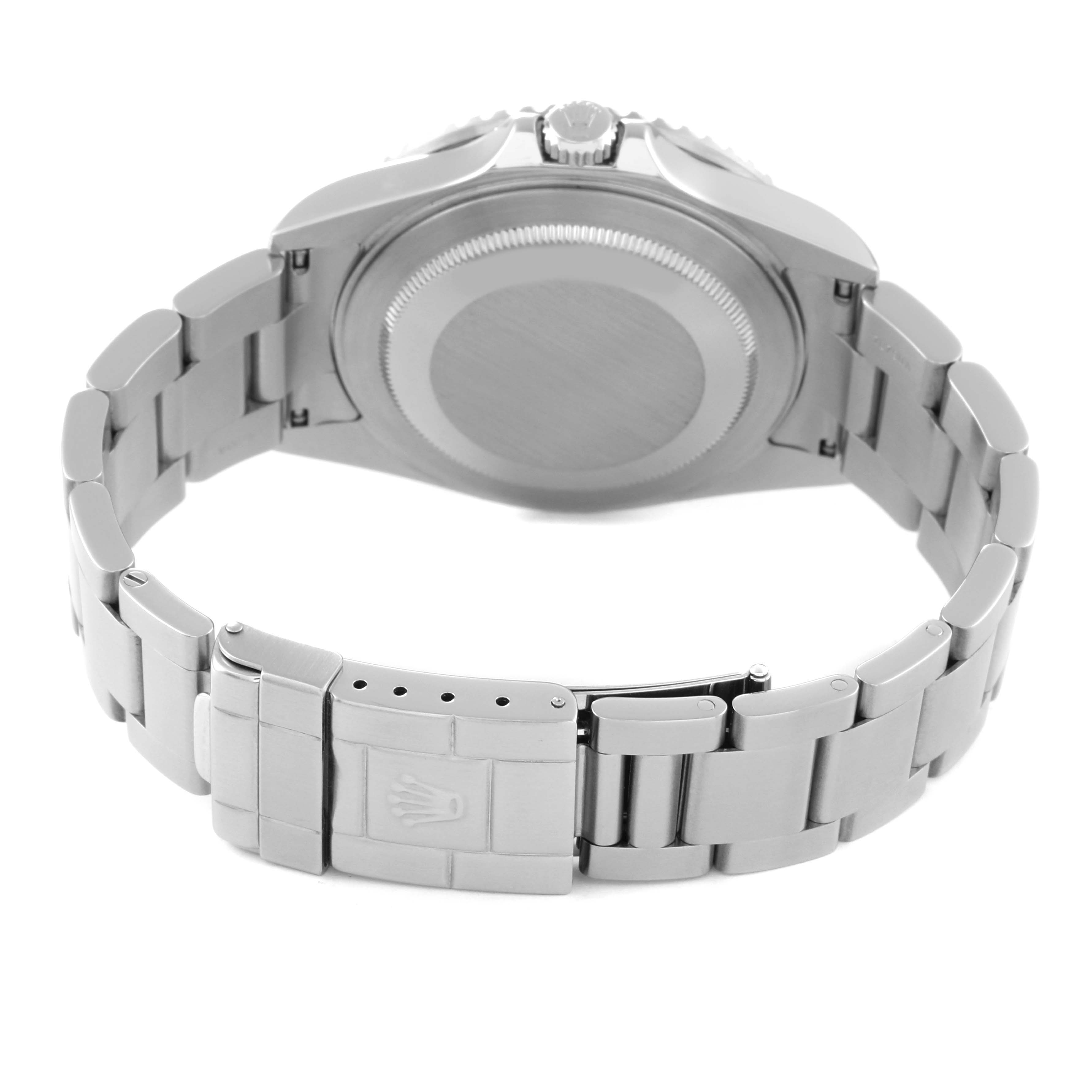 This image shows the back side and clasp of a Rolex GMT-Master 16710 Men's Stainless Steel Black Dial 16710 Men's Stainless Steel Black Dial watch.