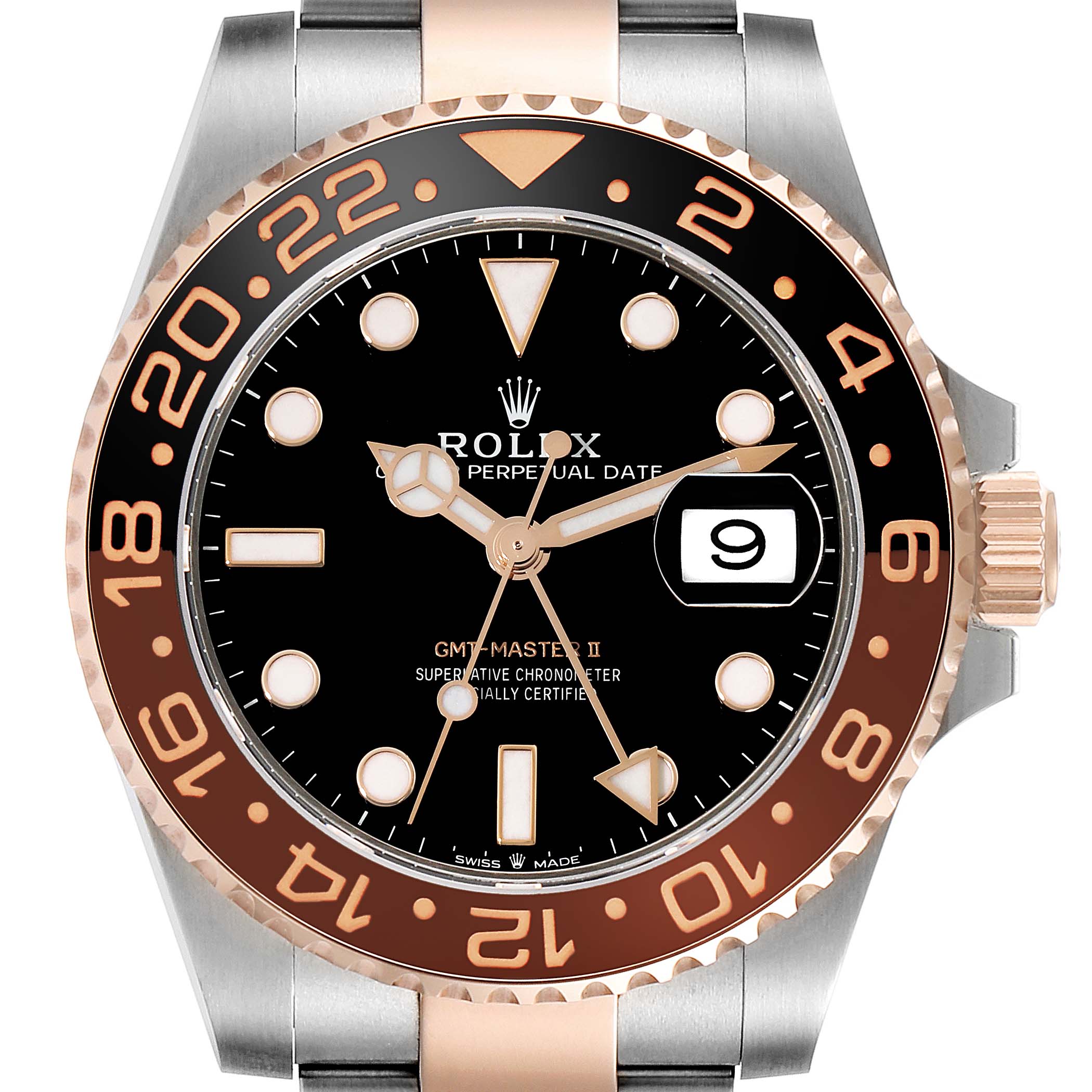 The image shows a front view of the Rolex GMT-Master 126711CHNR Men's Steel and Gold (two tone) Black Dial 126711CHNR Men's Steel and Gold (two tone) Black Dial II watch, highlighting its dial, bezel, and crown.