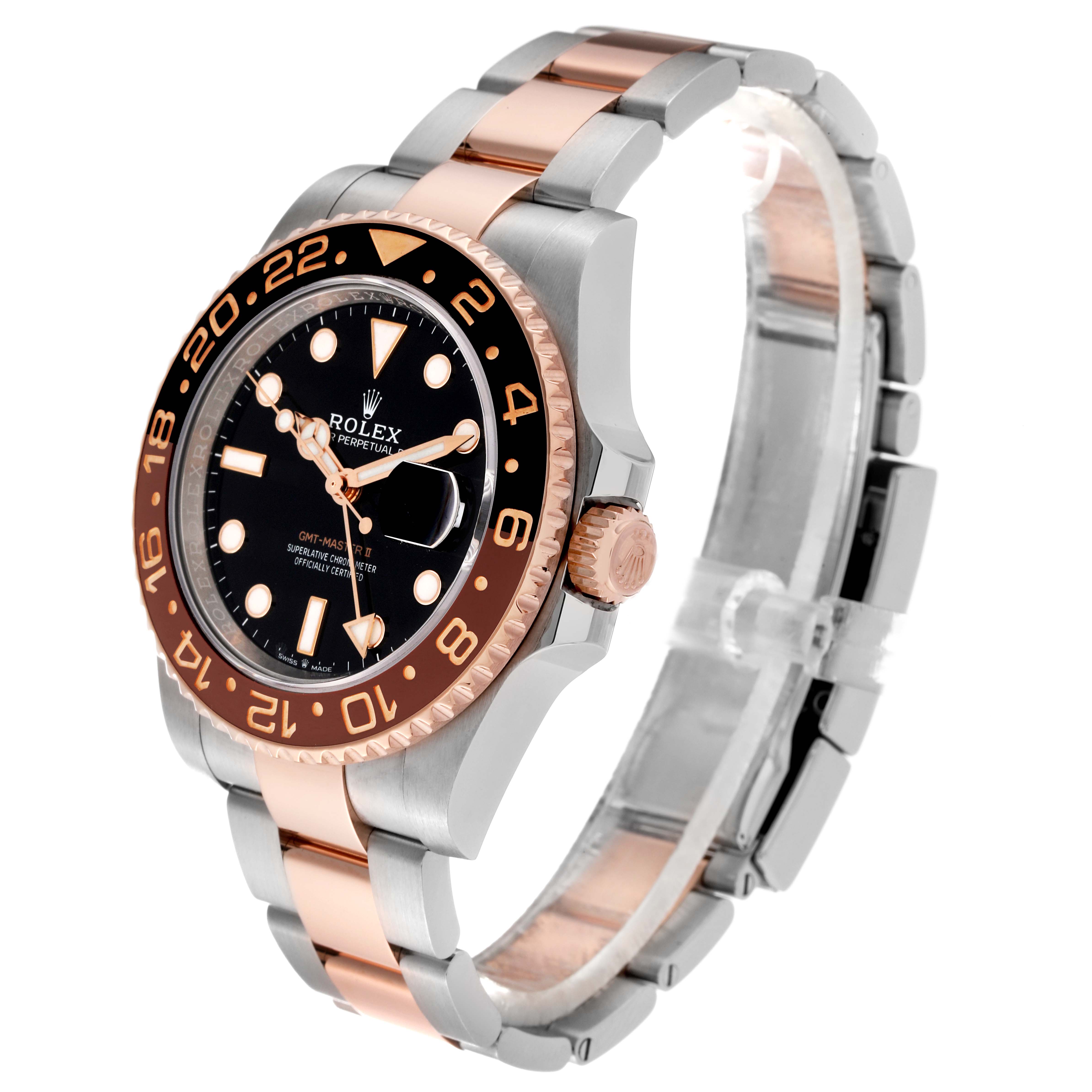 The Rolex GMT-Master 126711CHNR Men's Steel and Gold (two tone) Black Dial 126711CHNR Men's Steel and Gold (two tone) Black Dial watch is shown at an angle highlighting its black dial, bi-color bezel, and two-tone bracelet.