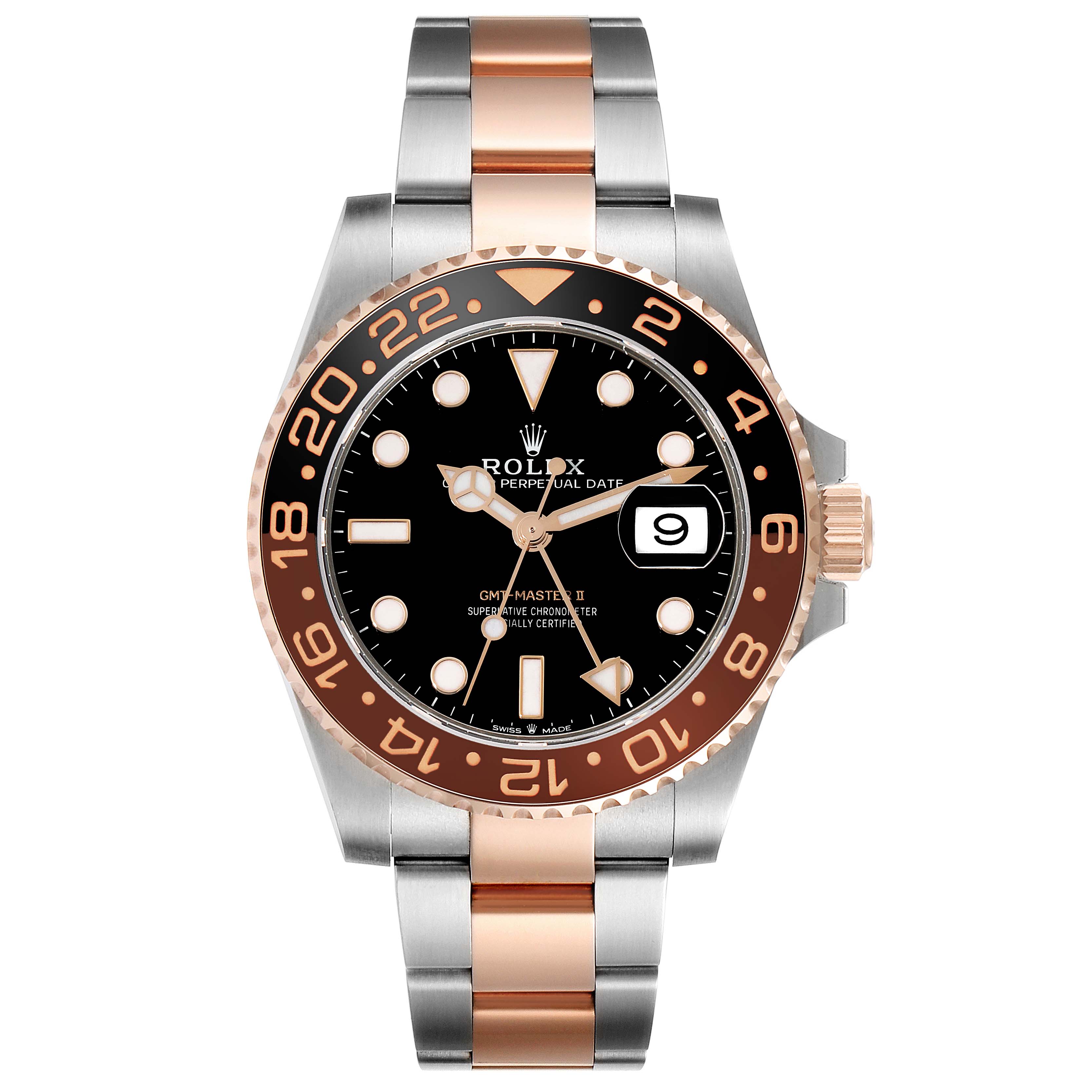 This is a front view of a Rolex GMT-Master 126711CHNR Men's Steel and Gold (two tone) Black Dial 126711CHNR Men's Steel and Gold (two tone) Black Dial watch, showcasing the bezel, dial, hands, and bracelet.