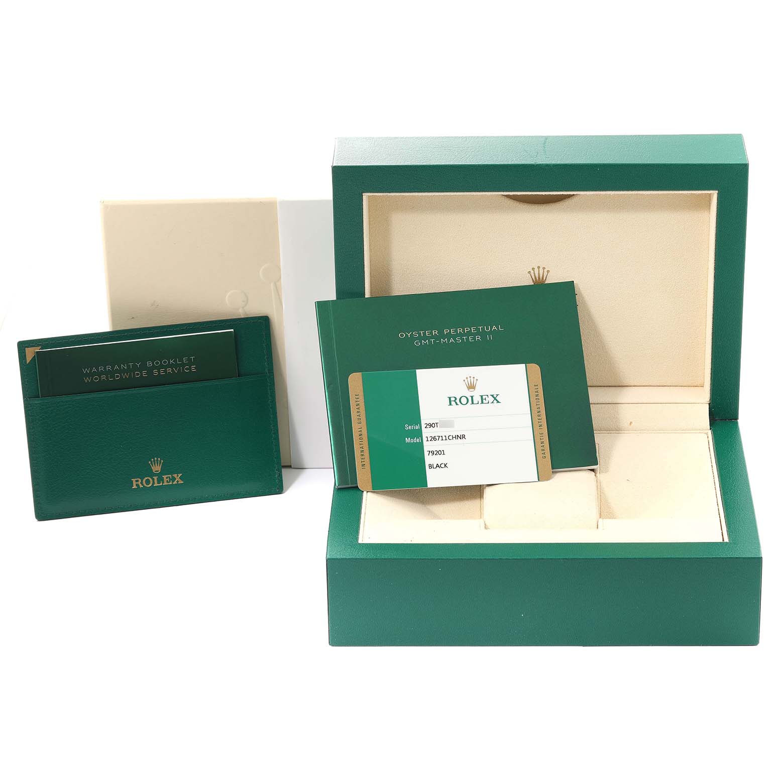 The image shows the box, warranty booklet, and certification card for a Rolex GMT-Master 126711CHNR Men's Steel and Gold (two tone) Black Dial 126711CHNR Men's Steel and Gold (two tone) Black Dial model.