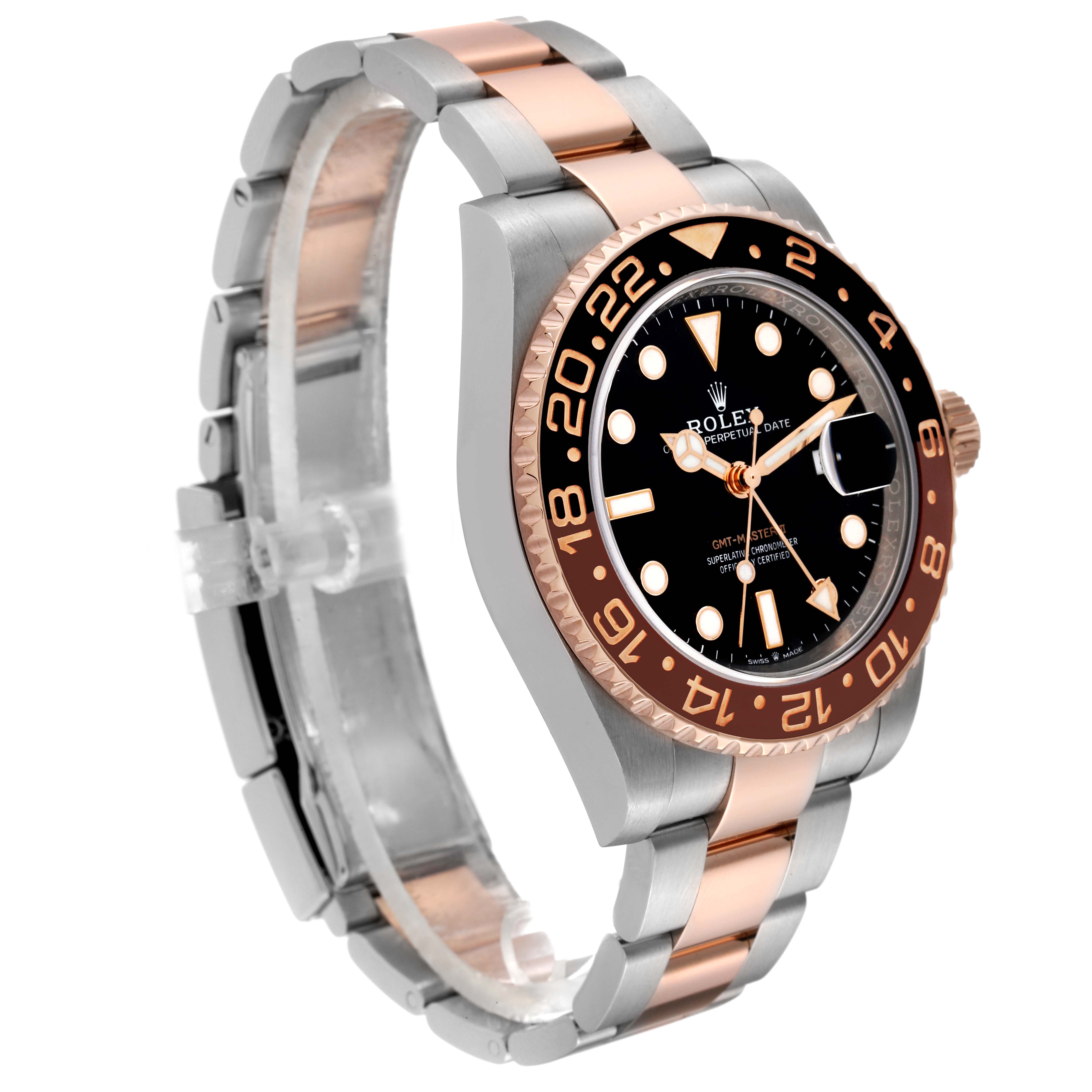 The image shows a Rolex GMT-Master 126711CHNR Men's Steel and Gold (two tone) Black Dial 126711CHNR Men's Steel and Gold (two tone) Black Dial watch, angled to display the watch face, bezel, and two-tone bracelet.