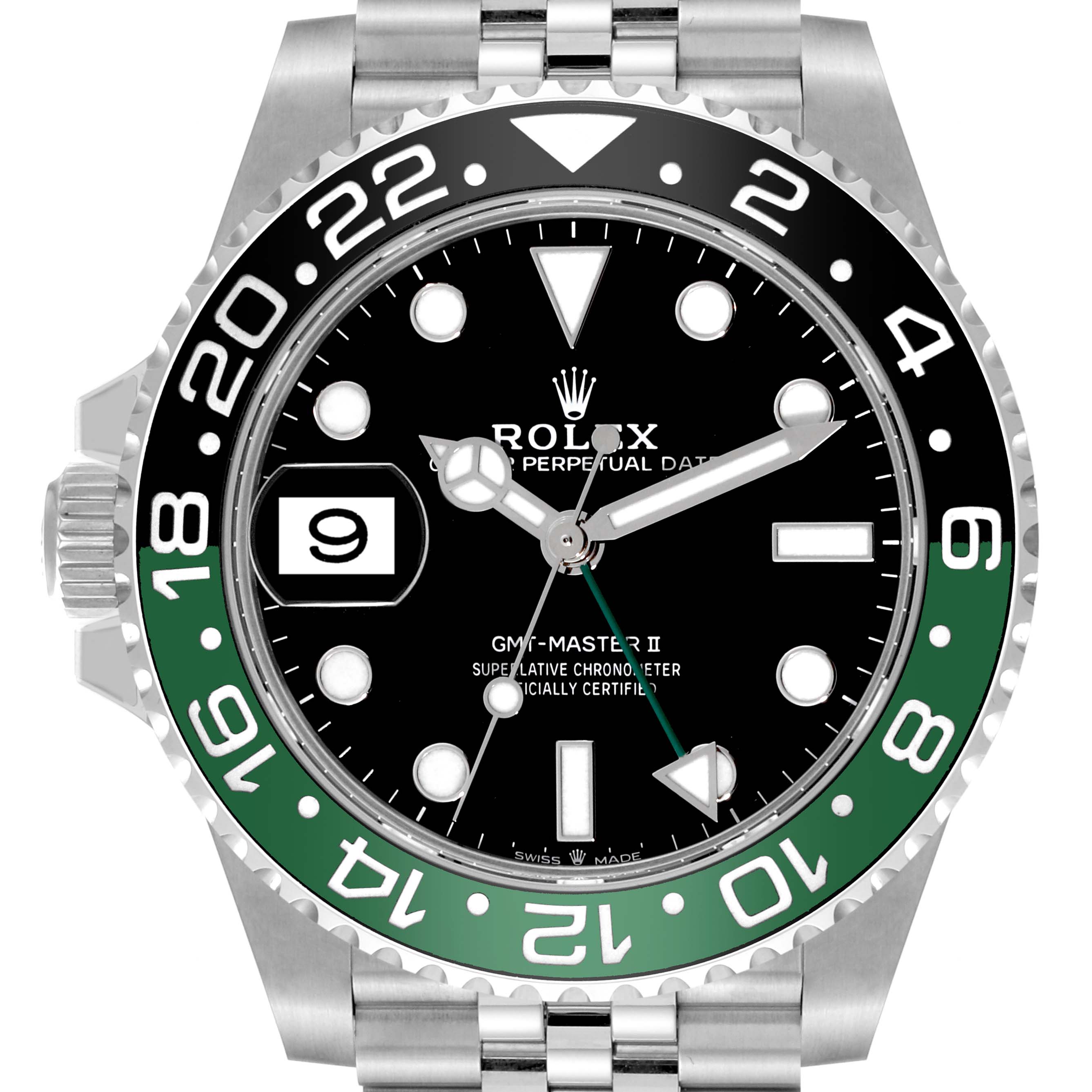 The image shows a close-up of the face of a Rolex GMT-Master 126720VTNR Men's Stainless Steel Black Dial 126720VTNR Men's Stainless Steel Black Dial II watch, highlighting the bezel, dial, and bracelet.
