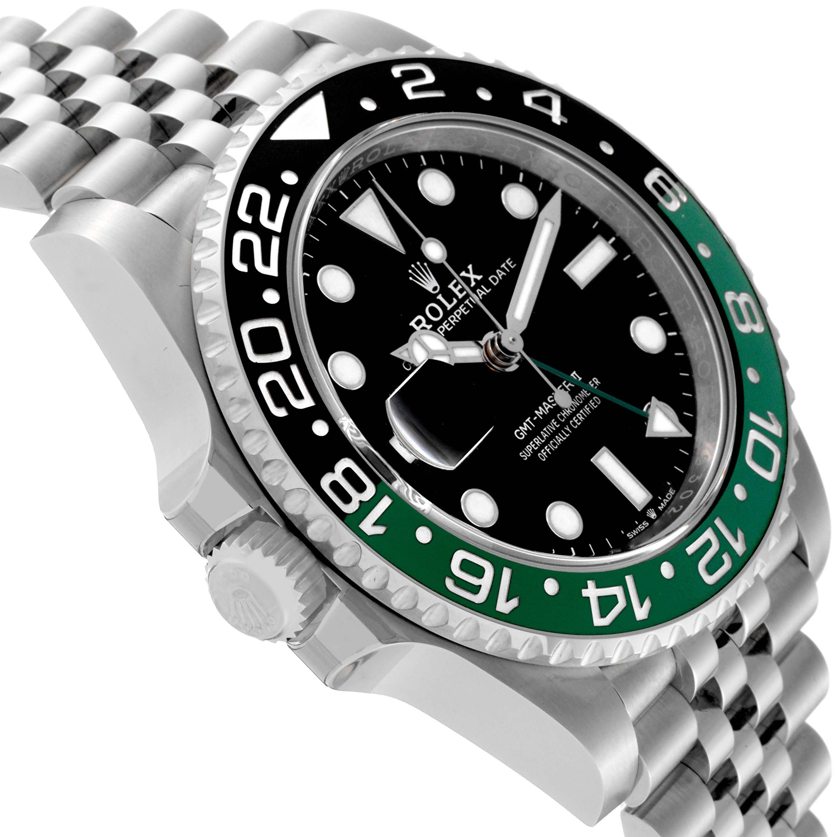 This image of the Rolex GMT-Master 126720VTNR Men's Stainless Steel Black Dial 126720VTNR Men's Stainless Steel Black Dial shows a close-up angle featuring the watch face, bezel, and part of the bracelet.
