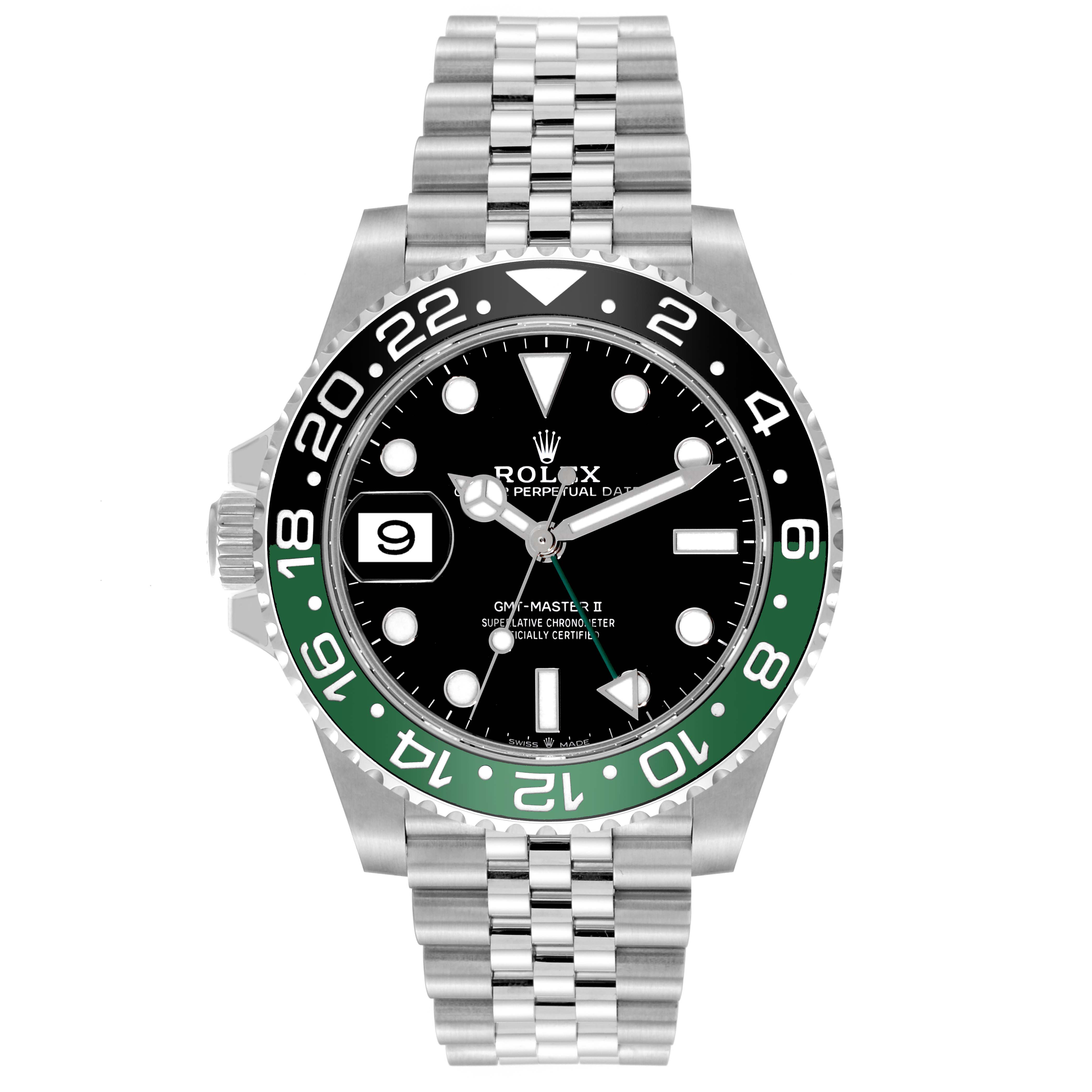 The image shows a frontal view of the Rolex GMT-Master 126720VTNR Men's Stainless Steel Black Dial 126720VTNR Men's Stainless Steel Black Dial II watch, featuring a black and green bezel with a jubilee bracelet.