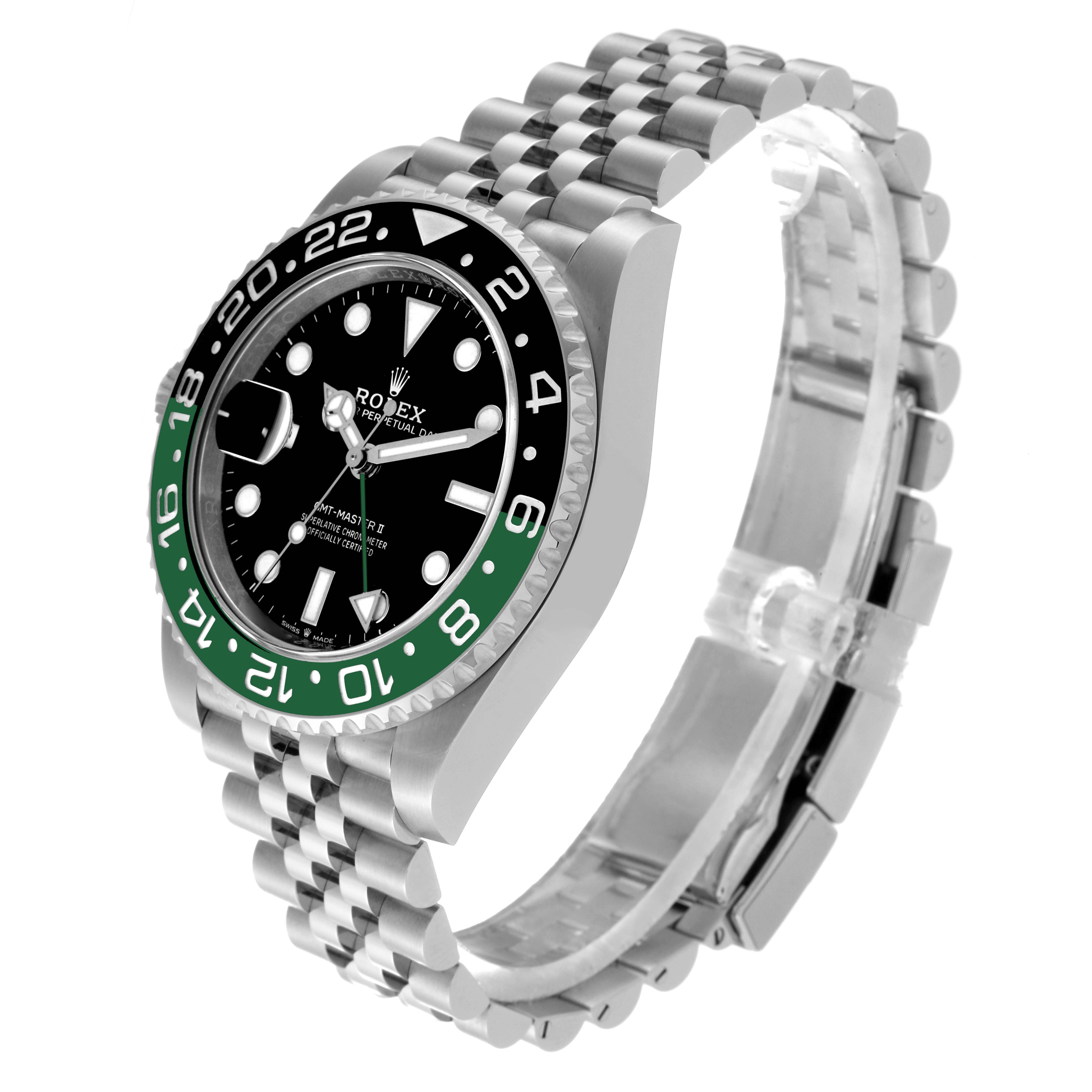 The image shows a side angle of the Rolex GMT-Master 126720VTNR Men's Stainless Steel Black Dial 126720VTNR Men's Stainless Steel Black Dial watch, highlighting the bezel, dial, and bracelet.