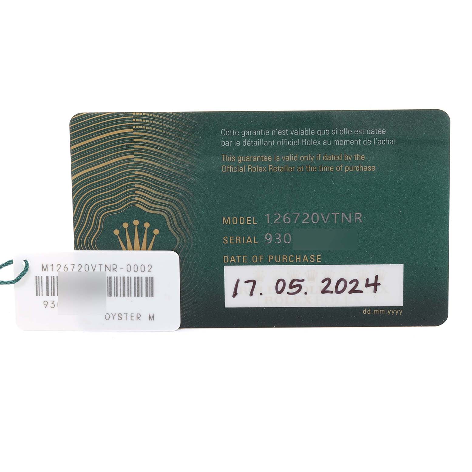 The image shows the warranty card and tag for a Rolex GMT-Master 126720VTNR Men's Stainless Steel Black Dial 126720VTNR Men's Stainless Steel Black Dial model 126720VTNR watch.