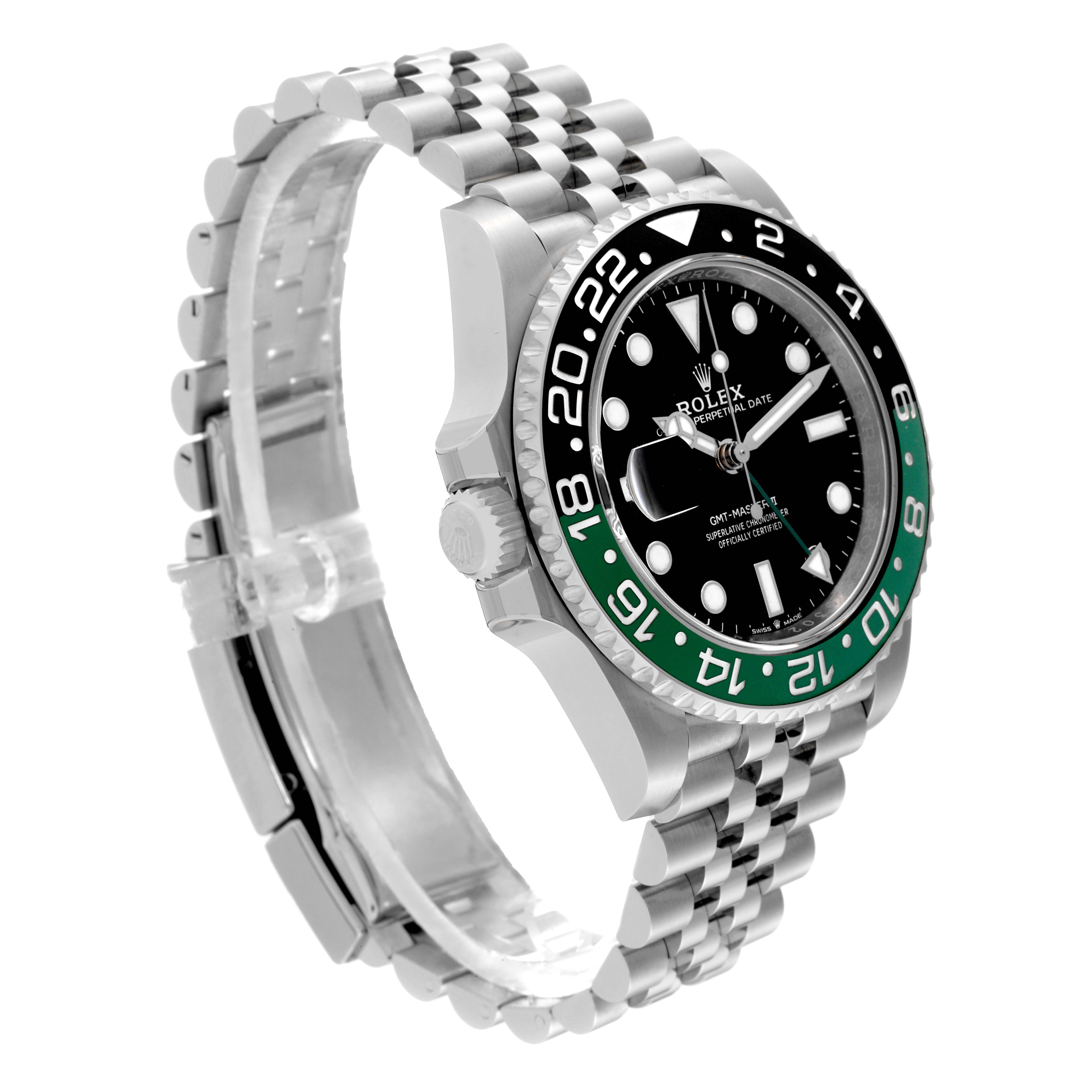 The image shows a left-side angle view of a Rolex GMT-Master 126720VTNR Men's Stainless Steel Black Dial 126720VTNR Men's Stainless Steel Black Dial watch, highlighting its bezel, dial, and bracelet.