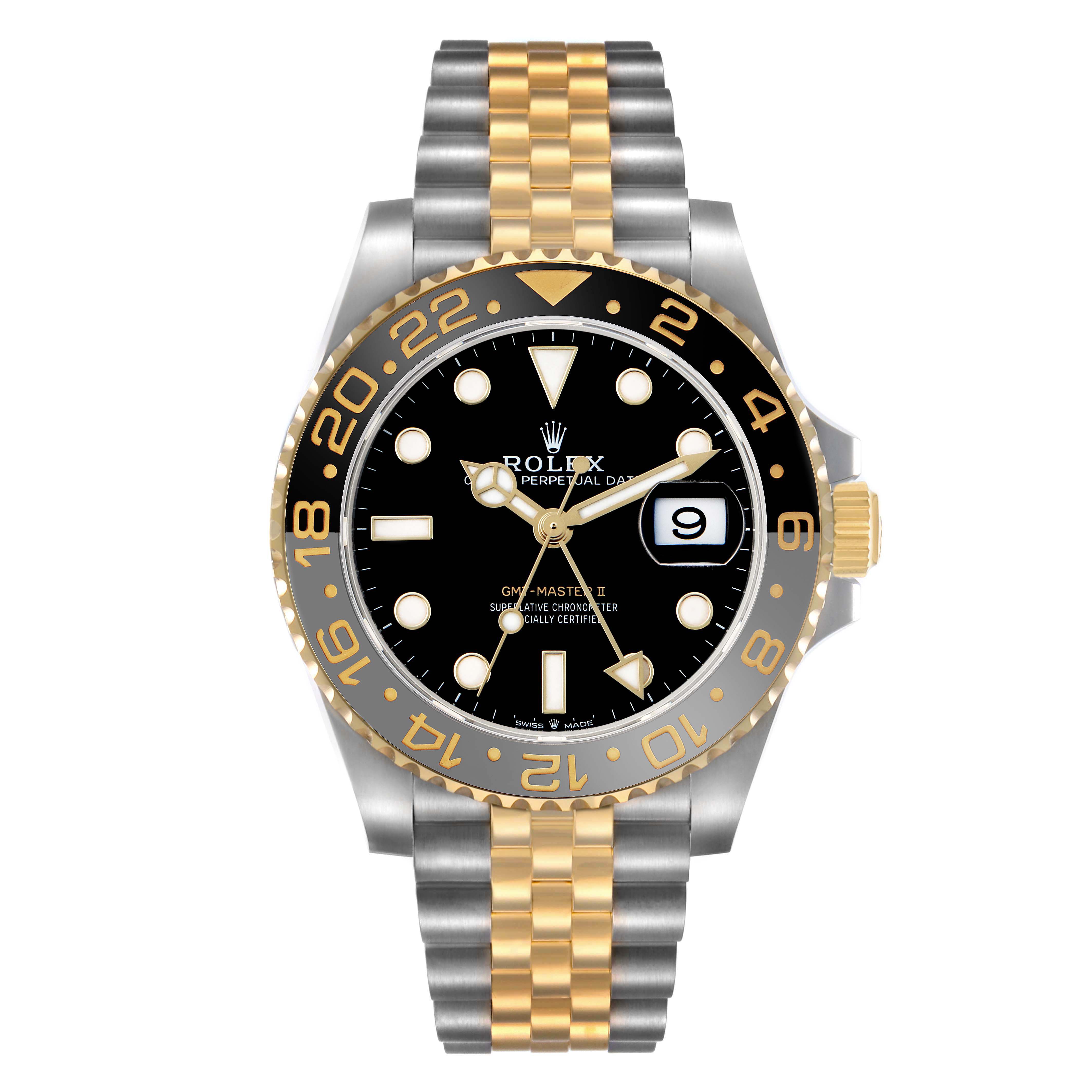 The Rolex GMT-Master 126713 Men's Steel and Gold (two tone) Black Dial watch is shown from a front view, highlighting its two-tone bracelet and black bezel with gold numerals.