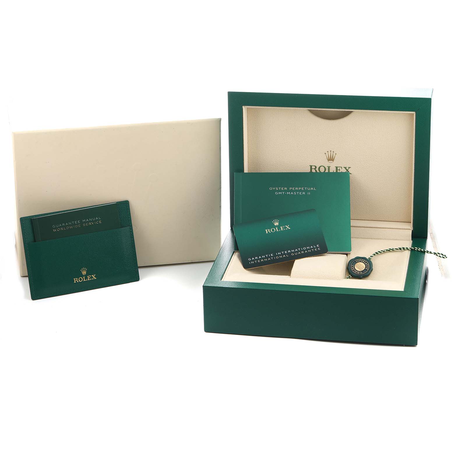 The image showcases the Rolex GMT-Master 126713 Men's Steel and Gold (two tone) Black Dial watch packaging, including manuals, a guarantee card, and the iconic green box.