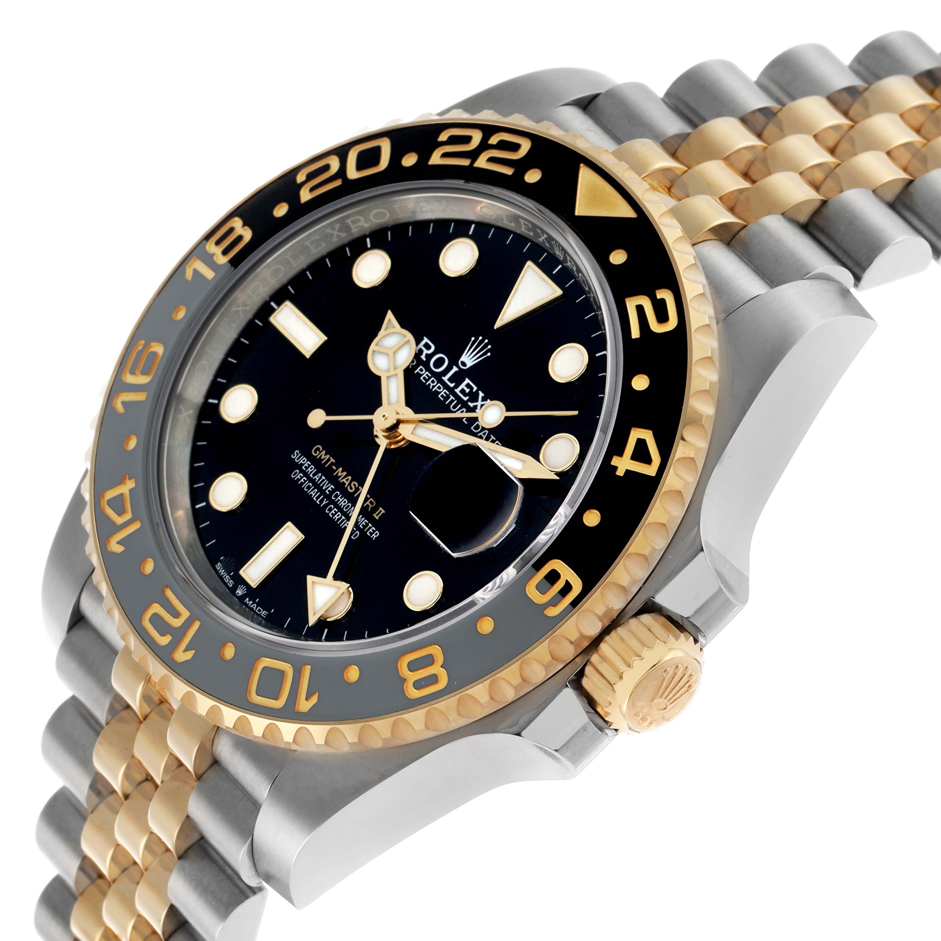 The Rolex GMT-Master 126713 Men's Steel and Gold (two tone) Black Dial watch is shown at an oblique angle, highlighting its bezel, crown, and two-tone bracelet.