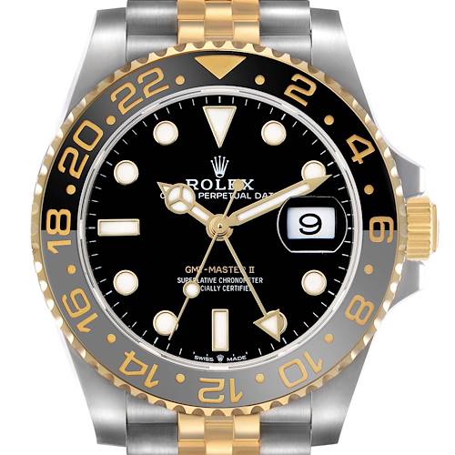 The image shows a Rolex GMT-Master 126713 Men's Steel and Gold (two tone) Black Dial II watch from a front angle, highlighting its black dial, gold bezel, and two-tone bracelet.