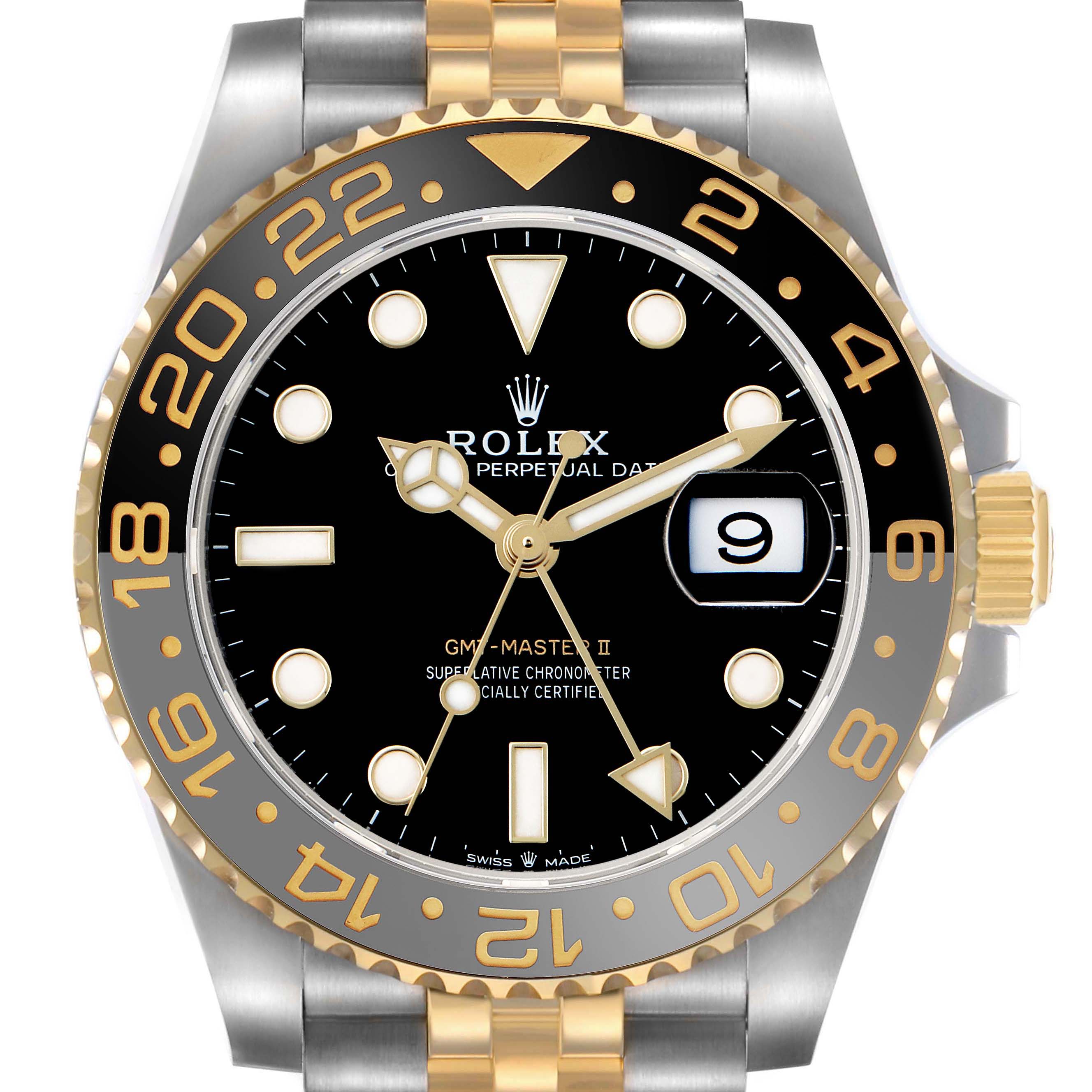 The Rolex GMT-Master 126713 Men's Steel and Gold (two tone) Black Dial II is shown from a direct front angle, highlighting the bezel, dial, hands, and date feature.