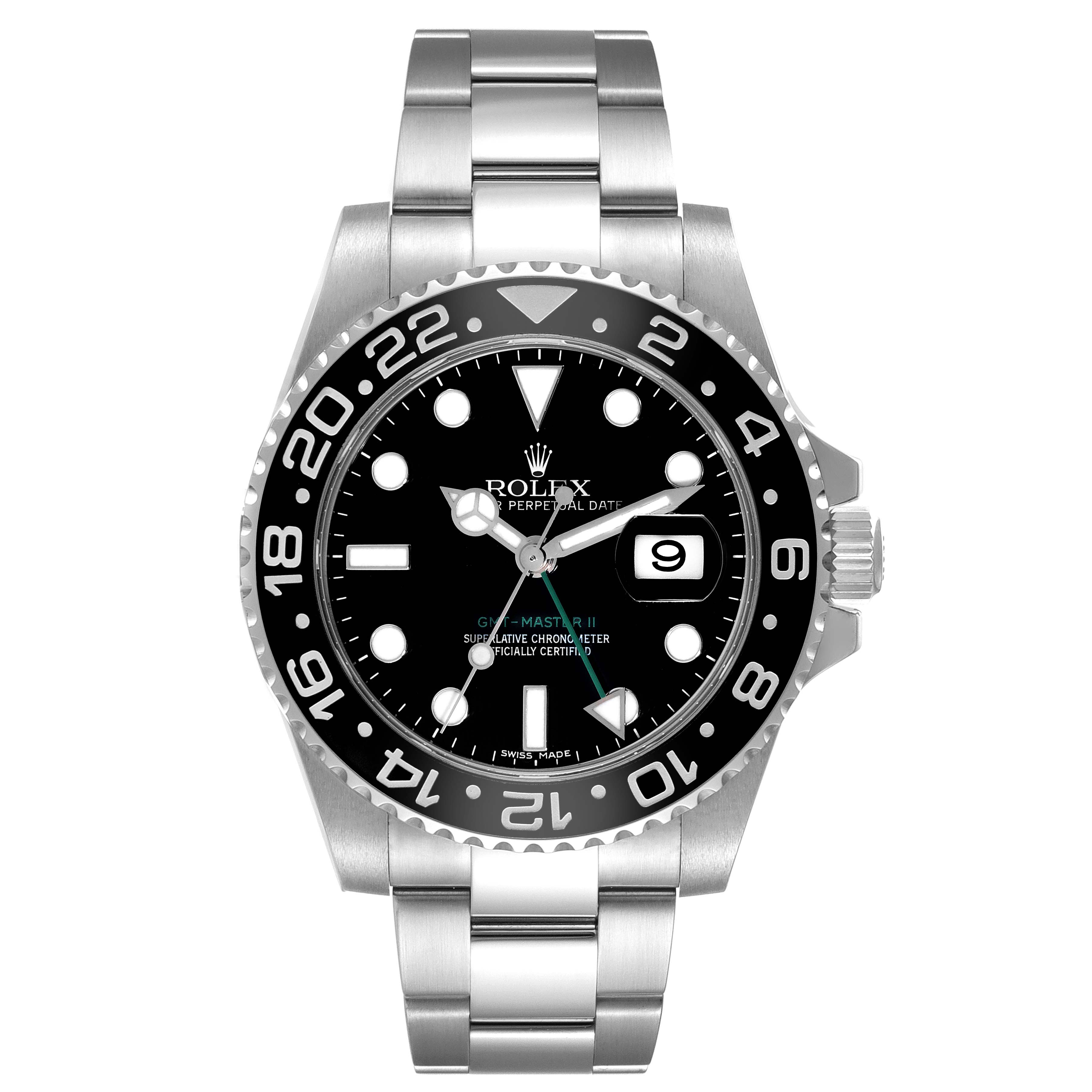 The image shows the front view of the Rolex GMT-Master 116710 Men
s Stainless Steel Black Dial 116710 Men
s Stainless Steel Black Dial watch, displaying the dial, bezel, crown, and stainless steel bracelet.