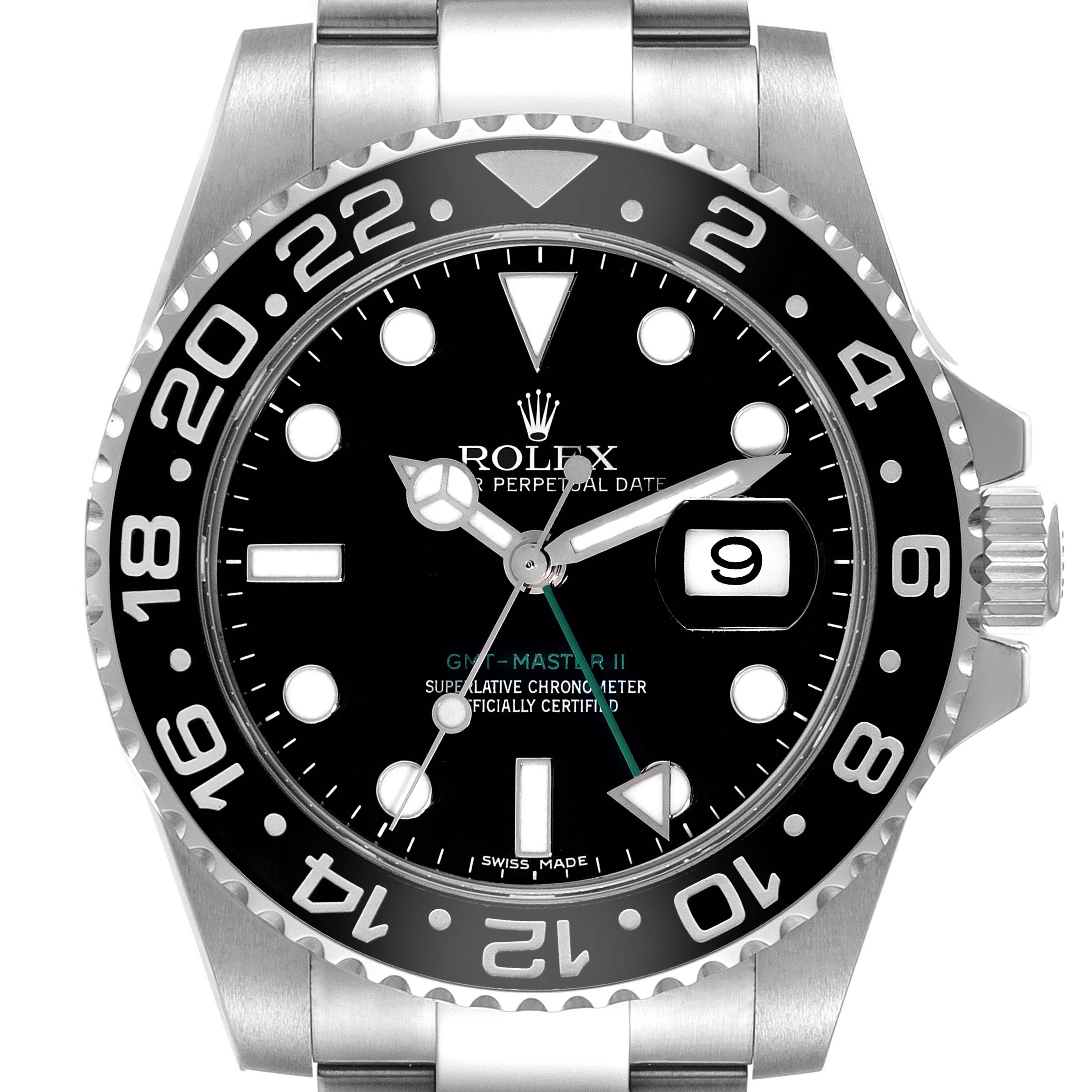 The image shows a frontal view of the Rolex GMT-Master 116710 Men
s Stainless Steel Black Dial 116710 Men
s Stainless Steel Black Dial II watch highlighting the dial, bezel, and part of the bracelet.