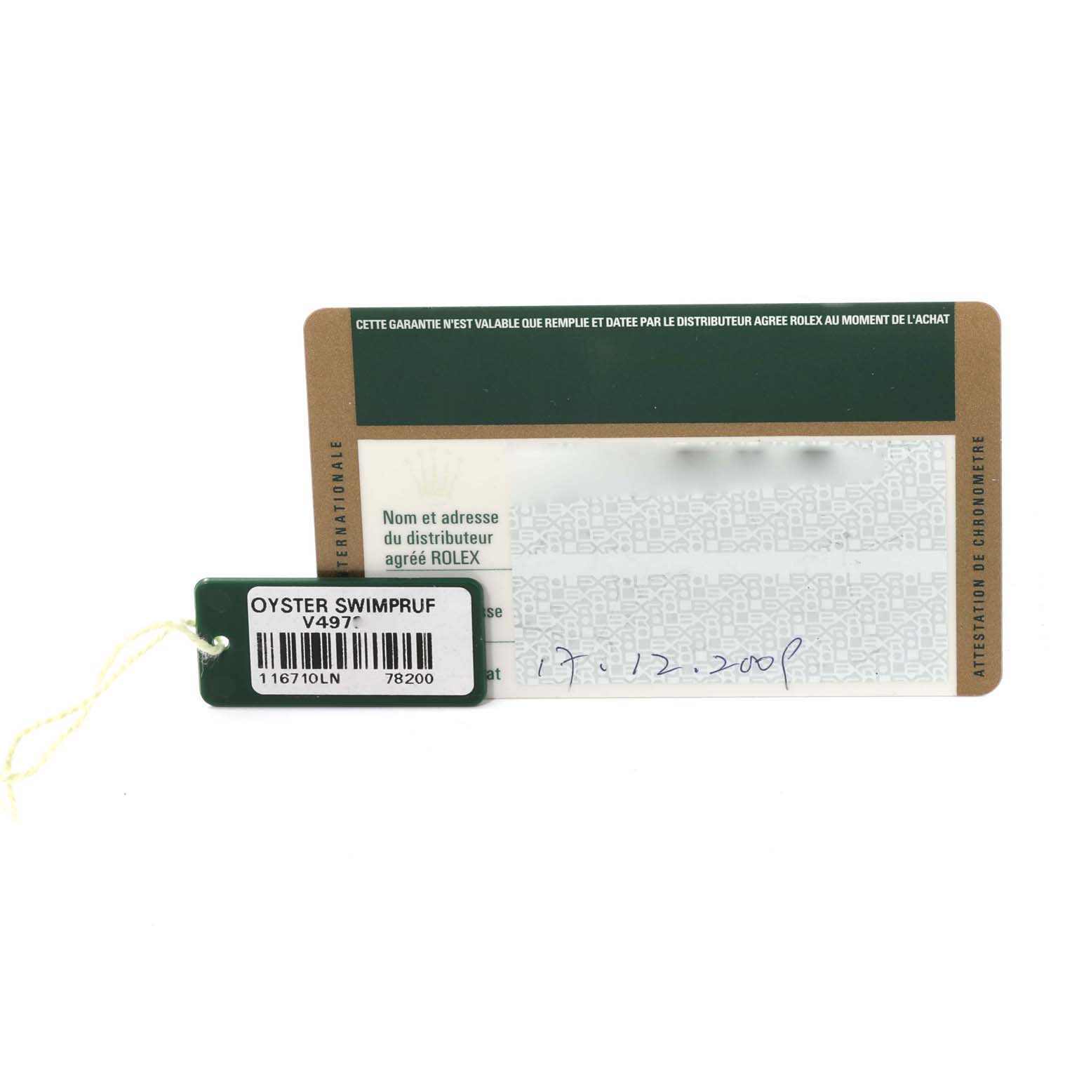 The image shows a certificate and a tag for a Rolex GMT-Master 116710 Men
s Stainless Steel Black Dial 116710 Men
s Stainless Steel Black Dial watch, with the text "OYSTER SWIMPRUF" and model numbers.