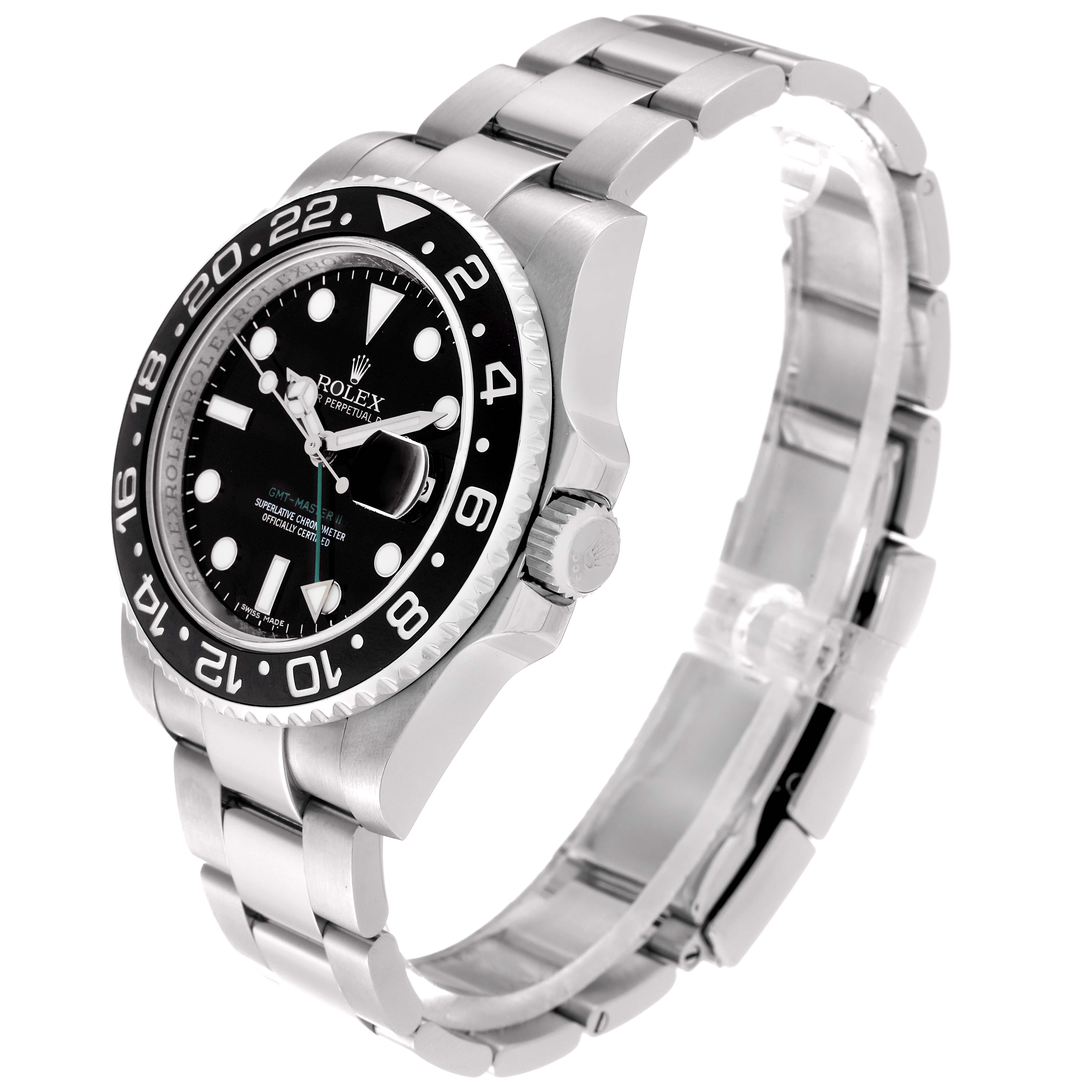 The image shows a side angle view of the Rolex GMT-Master 116710 Men
s Stainless Steel Black Dial 116710 Men
s Stainless Steel Black Dial watch, highlighting the bracelet, bezel, dial, and crown.