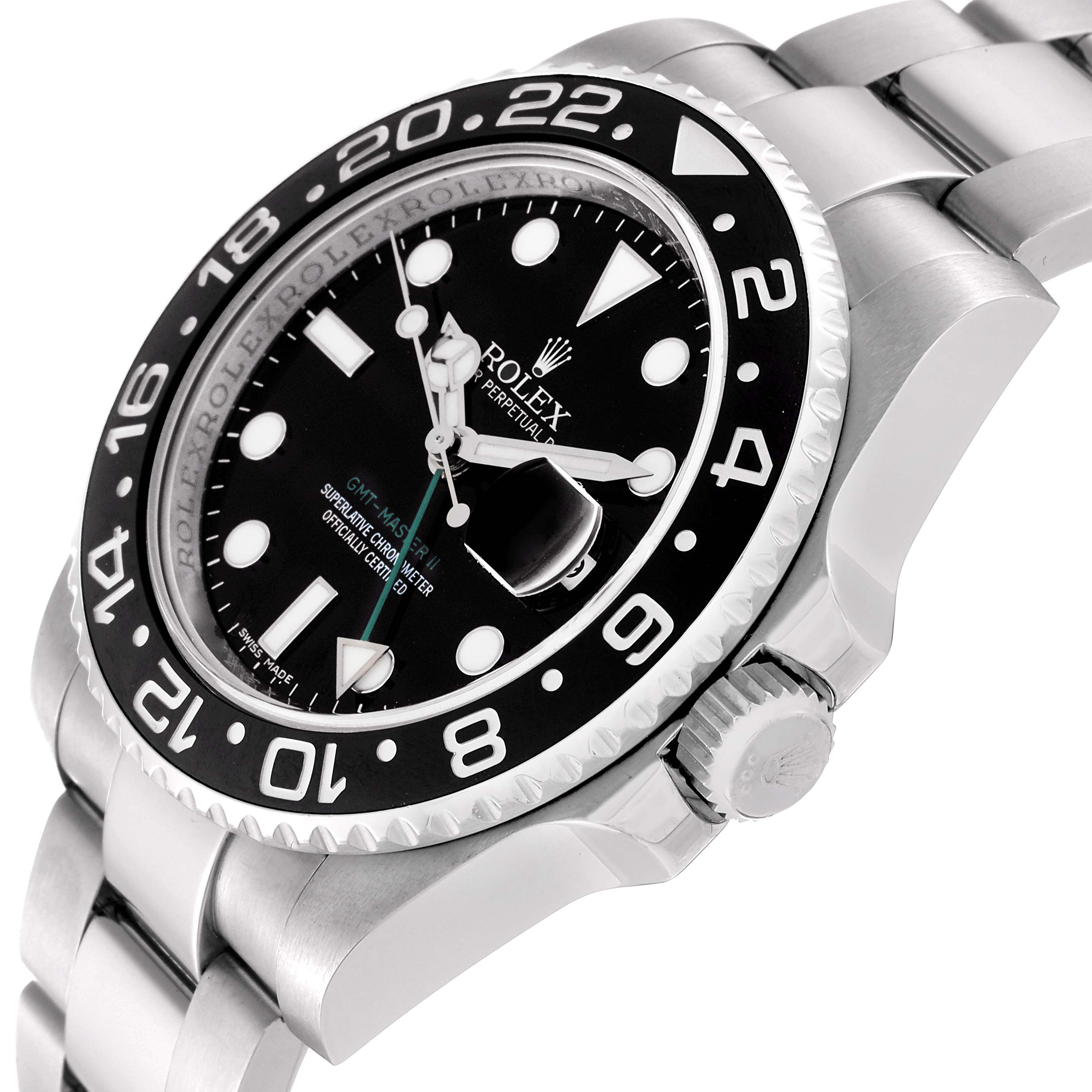 This image shows a close-up angle of the Rolex GMT-Master 116710 Men
s Stainless Steel Black Dial 116710 Men
s Stainless Steel Black Dial watch, highlighting its face, bezel, crown, and bracelet.