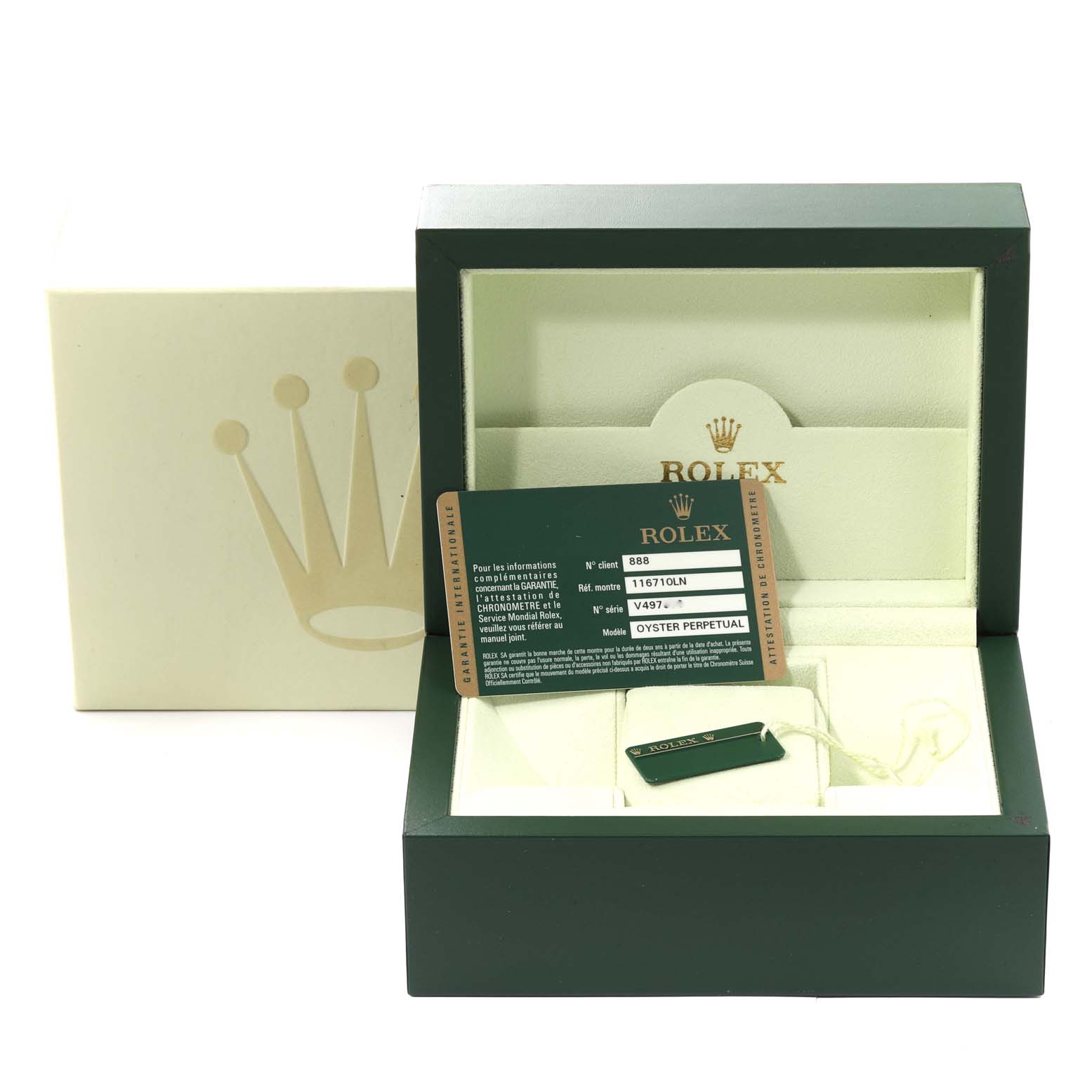 This image shows the box and papers for a Rolex GMT-Master 116710 Men
s Stainless Steel Black Dial 116710 Men
s Stainless Steel Black Dial, including the warranty card and tag, taken from a front angle.