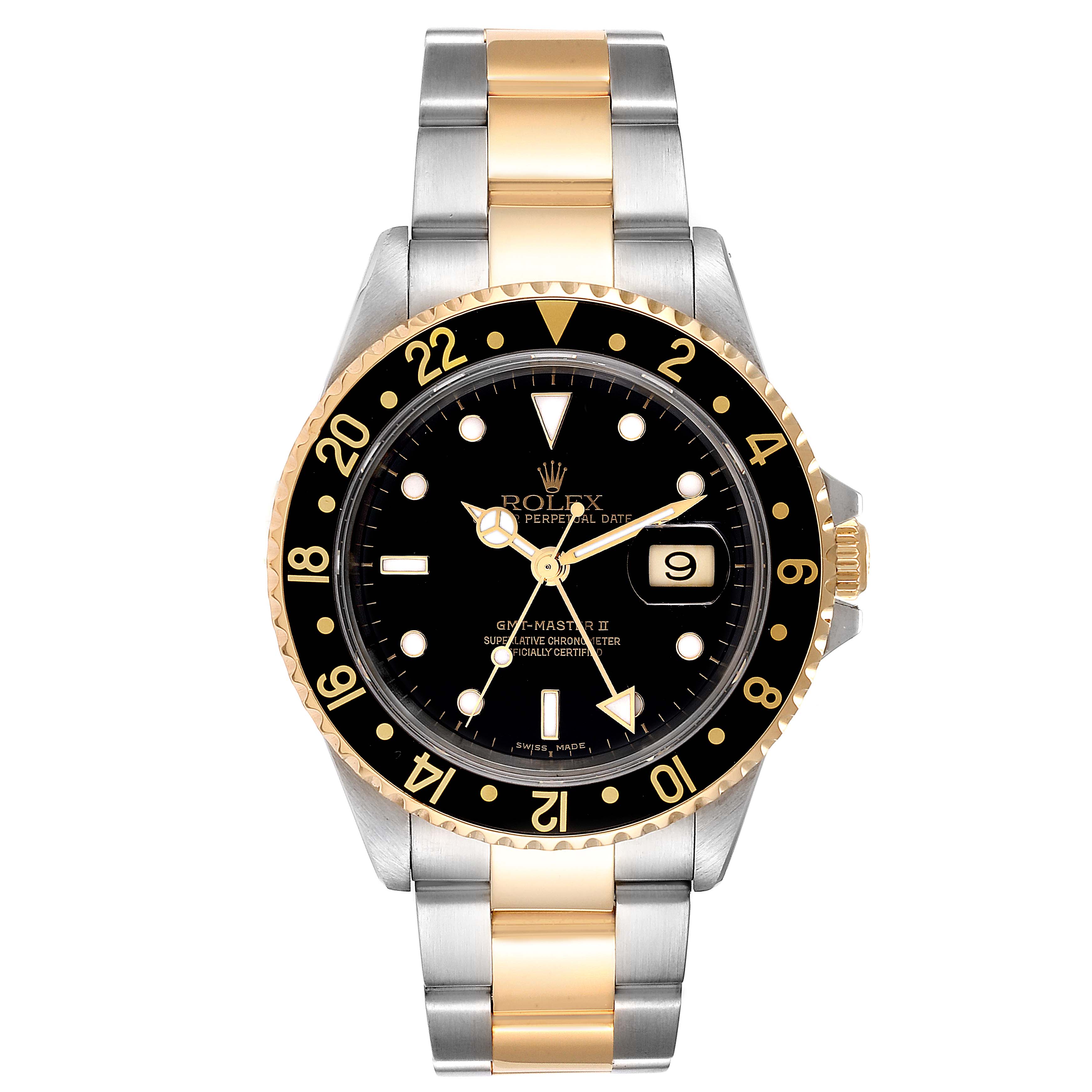 This image shows a front view of the Rolex GMT-Master 16713 Men
s Steel and Gold (two tone) Black Dial 16713 Men
s Steel and Gold (two tone) Black Dial II watch, highlighting the dial, bezel, and two-tone bracelet.
