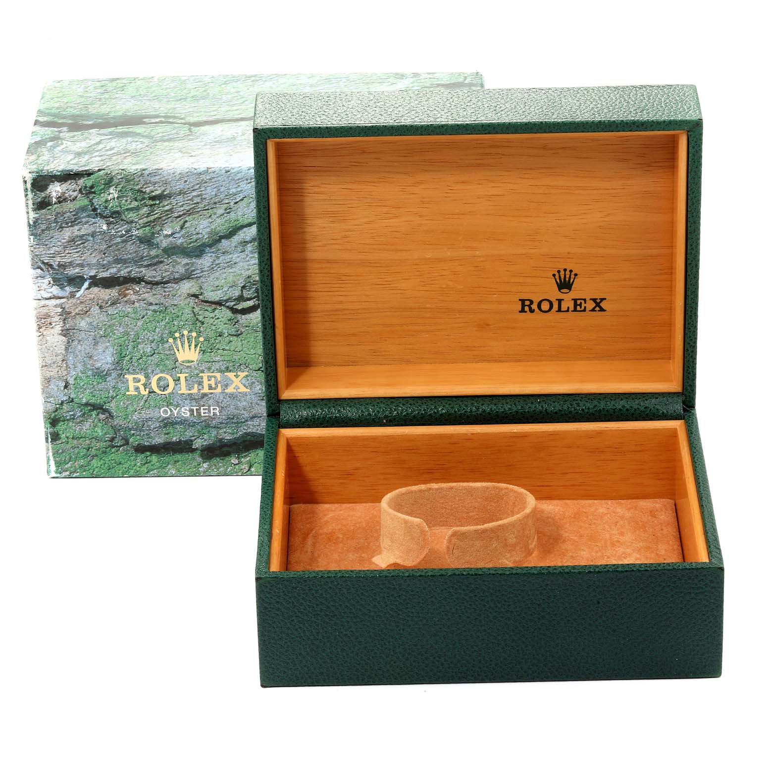 The image shows an open Rolex GMT-Master 16713 Men
s Steel and Gold (two tone) Black Dial 16713 Men
s Steel and Gold (two tone) Black Dial watch box and its green and wooden interior at a front angle.