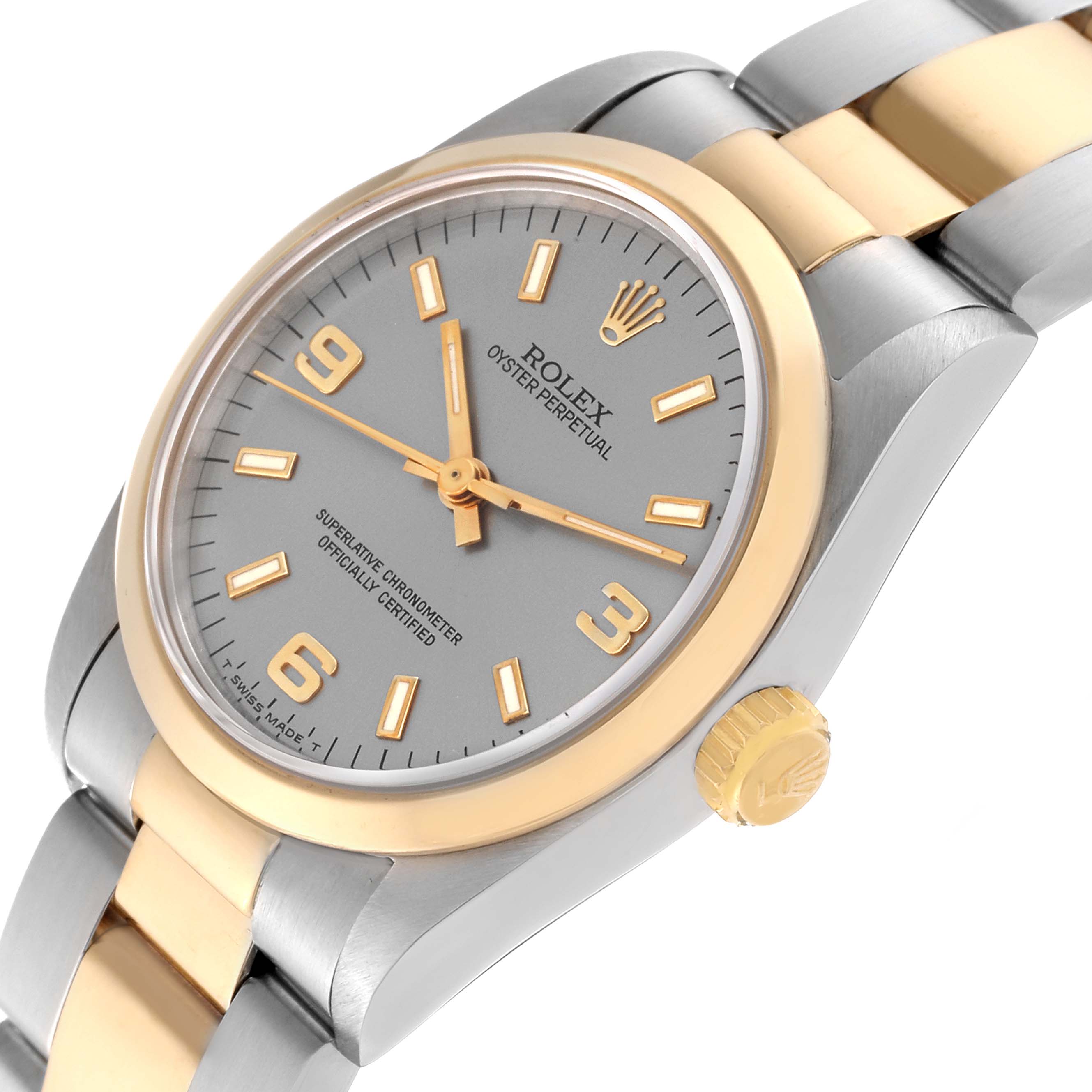 The Rolex Mid-Size 67483 Women's Steel and Gold (two tone) Silver Dial 67483 Women's Steel and Gold (two tone) Silver Dial model watch is shown at a slight angle highlighting the face, bezel, crown, and part of the bracelet.