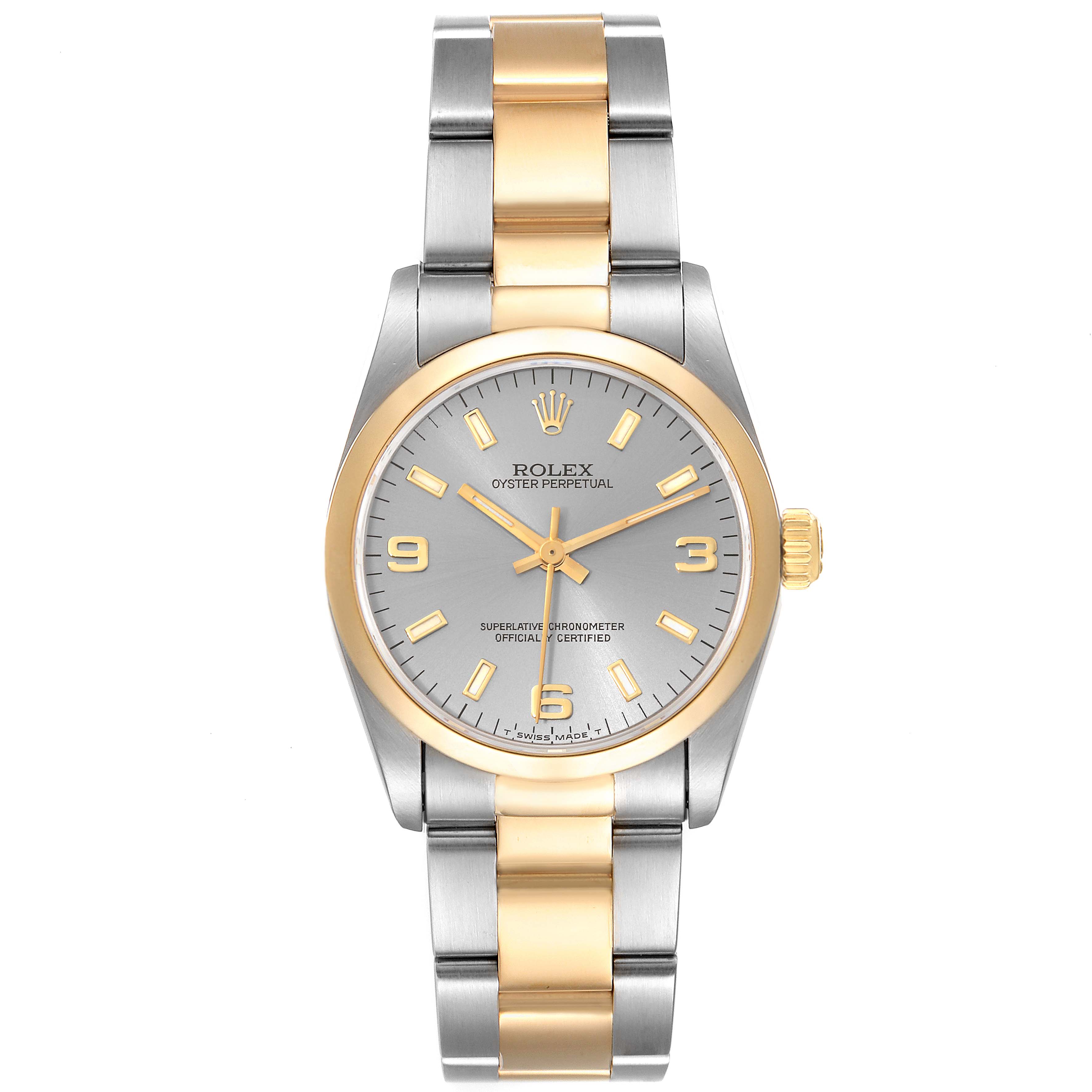 This image shows a front view of a Rolex Mid-Size 67483 Women's Steel and Gold (two tone) Silver Dial 67483 Women's Steel and Gold (two tone) Silver Dial watch, highlighting its two-tone bracelet and gold bezel.