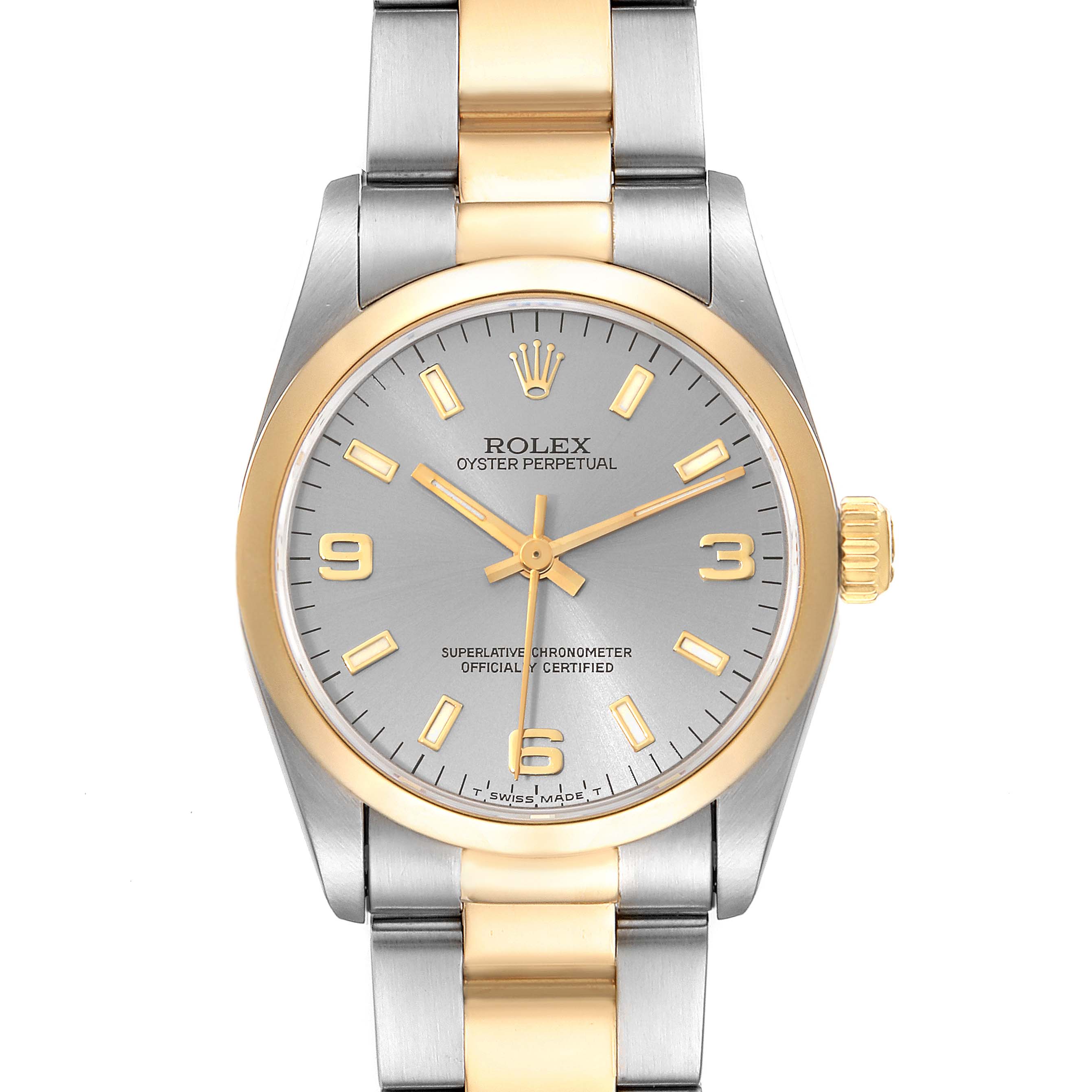 This image shows the front view of a Rolex Oyster Perpetual Mid-Size watch, highlighting its dial, bezel, and bracelet.