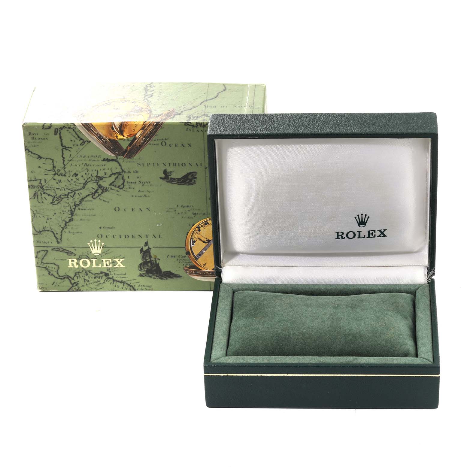 The image shows a Rolex Mid-Size 67483 Women's Steel and Gold (two tone) Silver Dial 67483 Women's Steel and Gold (two tone) Silver Dial model watch box and packaging from a front angle, showcasing the interior cushion and exterior design.