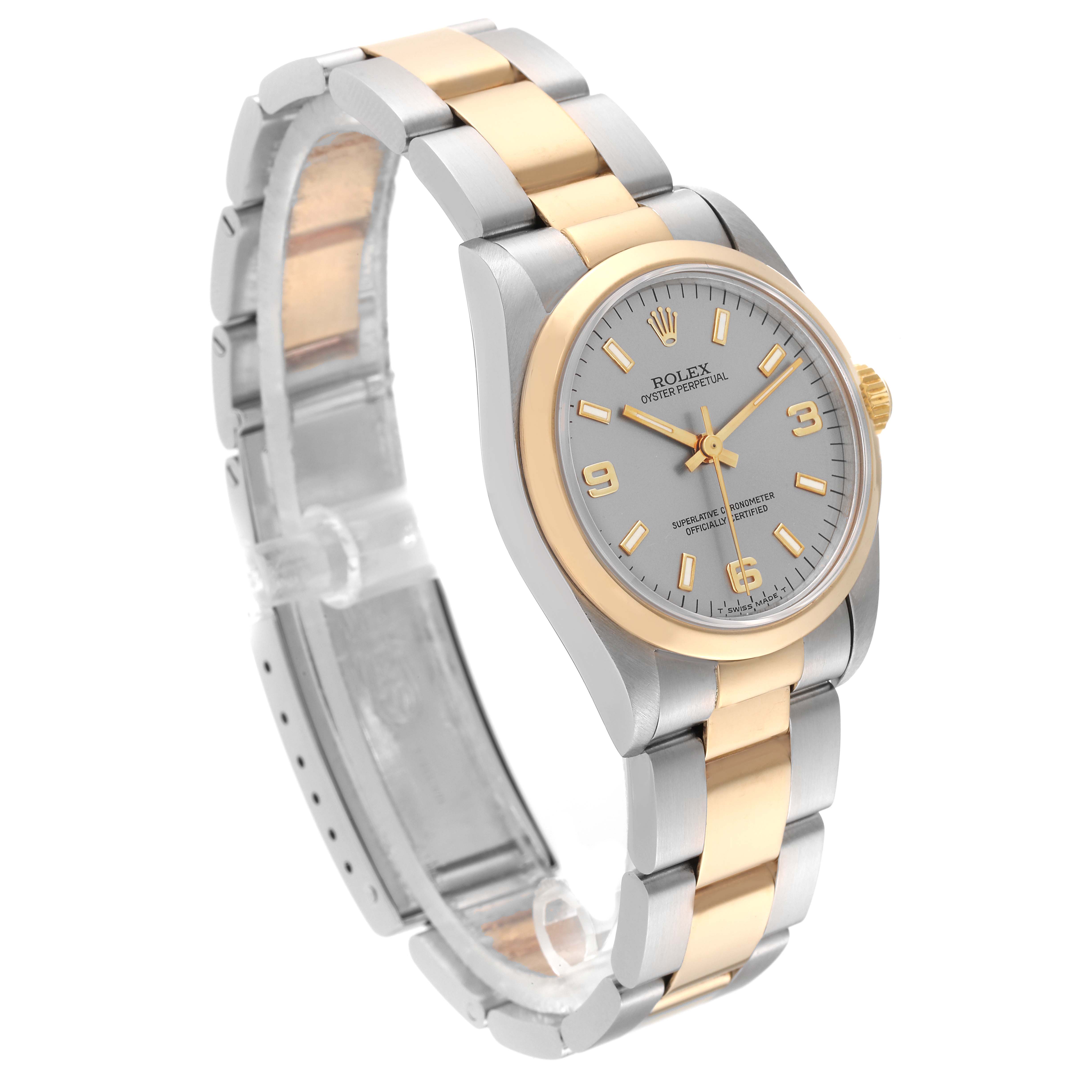 The Rolex Mid-Size 67483 Women's Steel and Gold (two tone) Silver Dial 67483 Women's Steel and Gold (two tone) Silver Dial model watch is shown at an angled side view, displaying the face, bezel, crown, and bracelet.