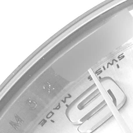 The image shows a close-up of the dial detailing and the edge of the bezel of a Rolex Oyster Perpetual 176210 Women's Stainless Steel Silver Dial 176210 Women's Stainless Steel Silver Dial watch.