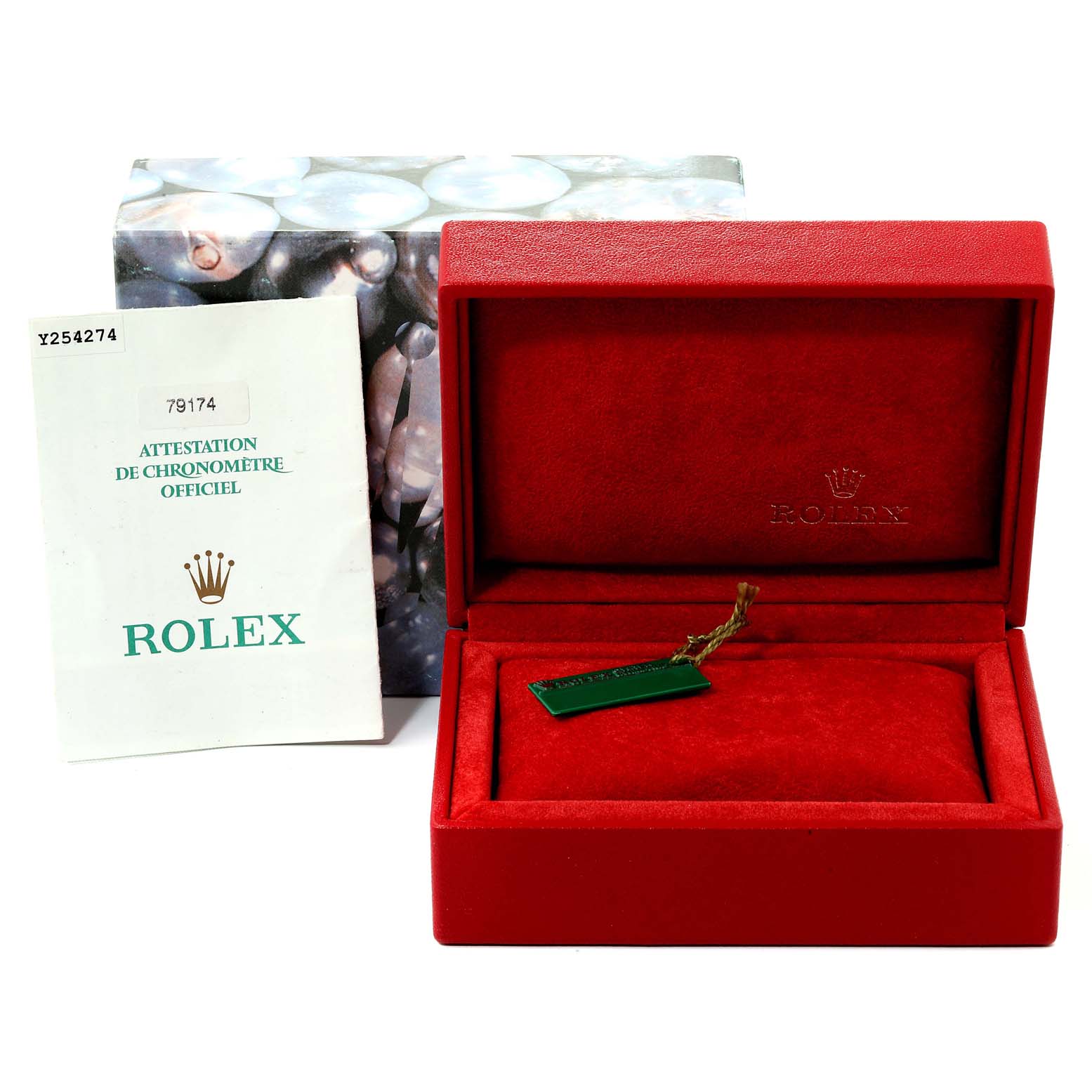 The image shows a Rolex Oyster Perpetual 76080 Women's Stainless Steel Pink Dial 76080 Women's Stainless Steel Pink Dial watch box, a tag, and the official chronometer certificate at a front angle.