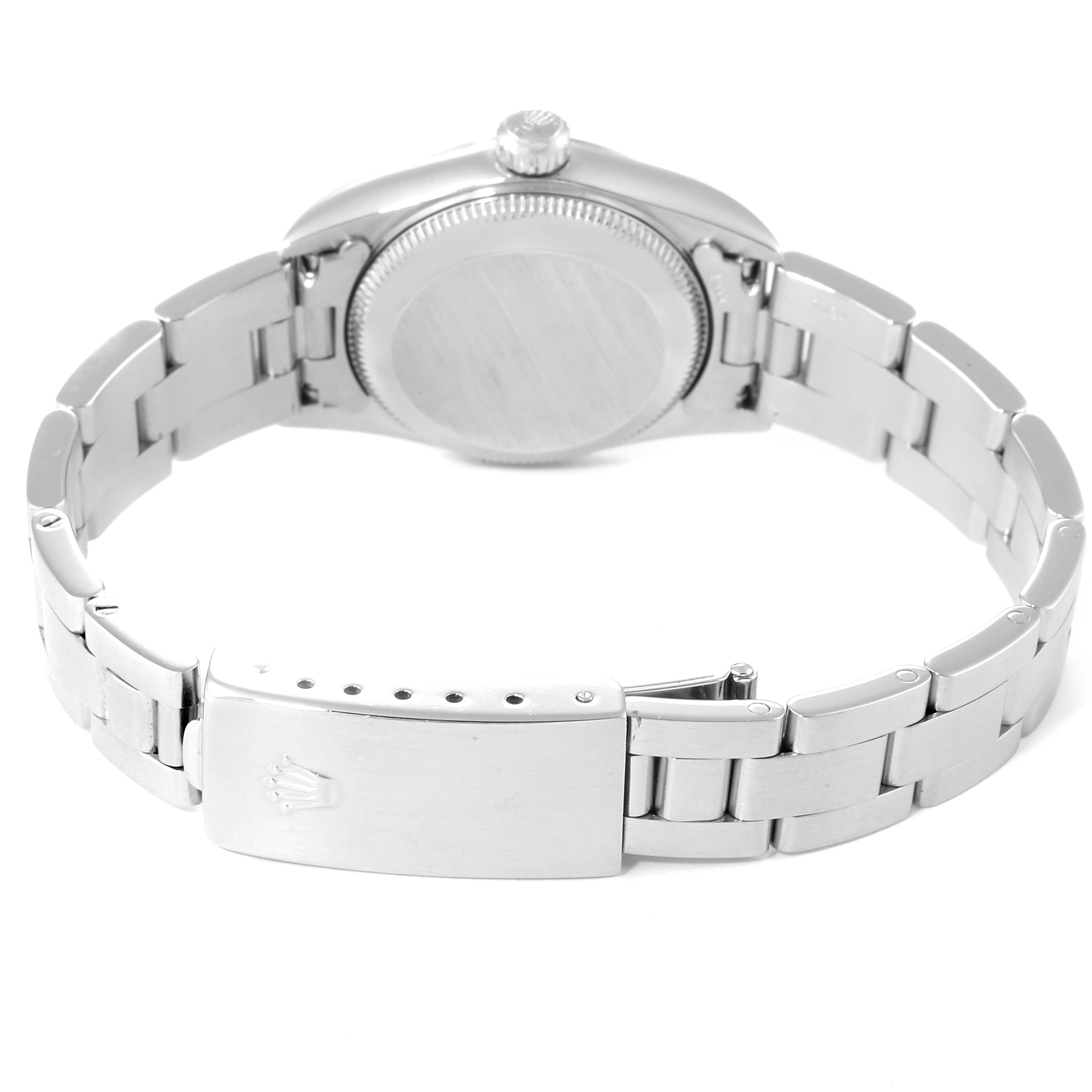 This image shows the back case and full bracelet of the Rolex Oyster Perpetual 76080 Women's Stainless Steel Pink Dial 76080 Women's Stainless Steel Pink Dial watch.