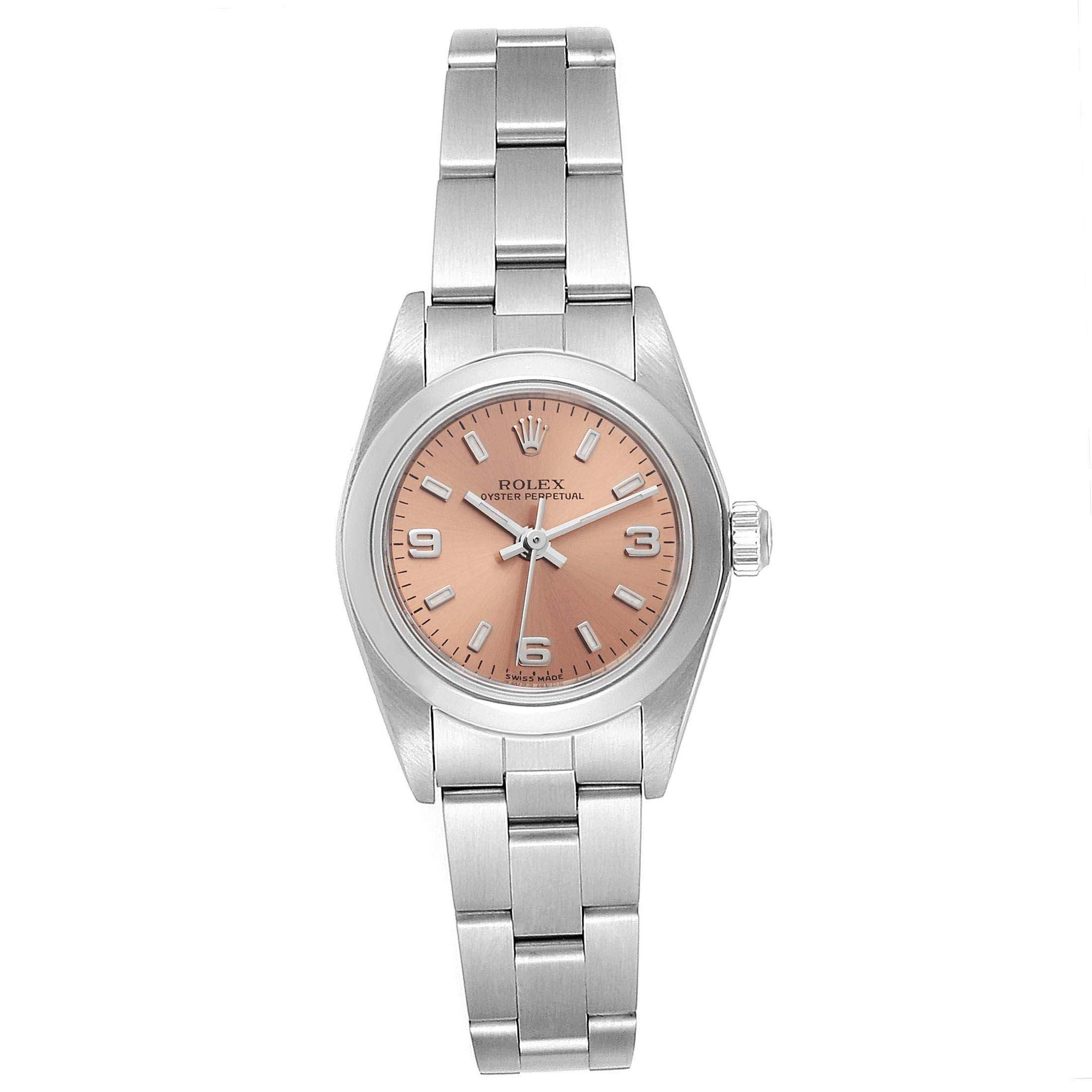This image shows a front view of a Rolex Oyster Perpetual 76080 Women's Stainless Steel Pink Dial 76080 Women's Stainless Steel Pink Dial watch with a pink dial and a stainless steel bracelet.