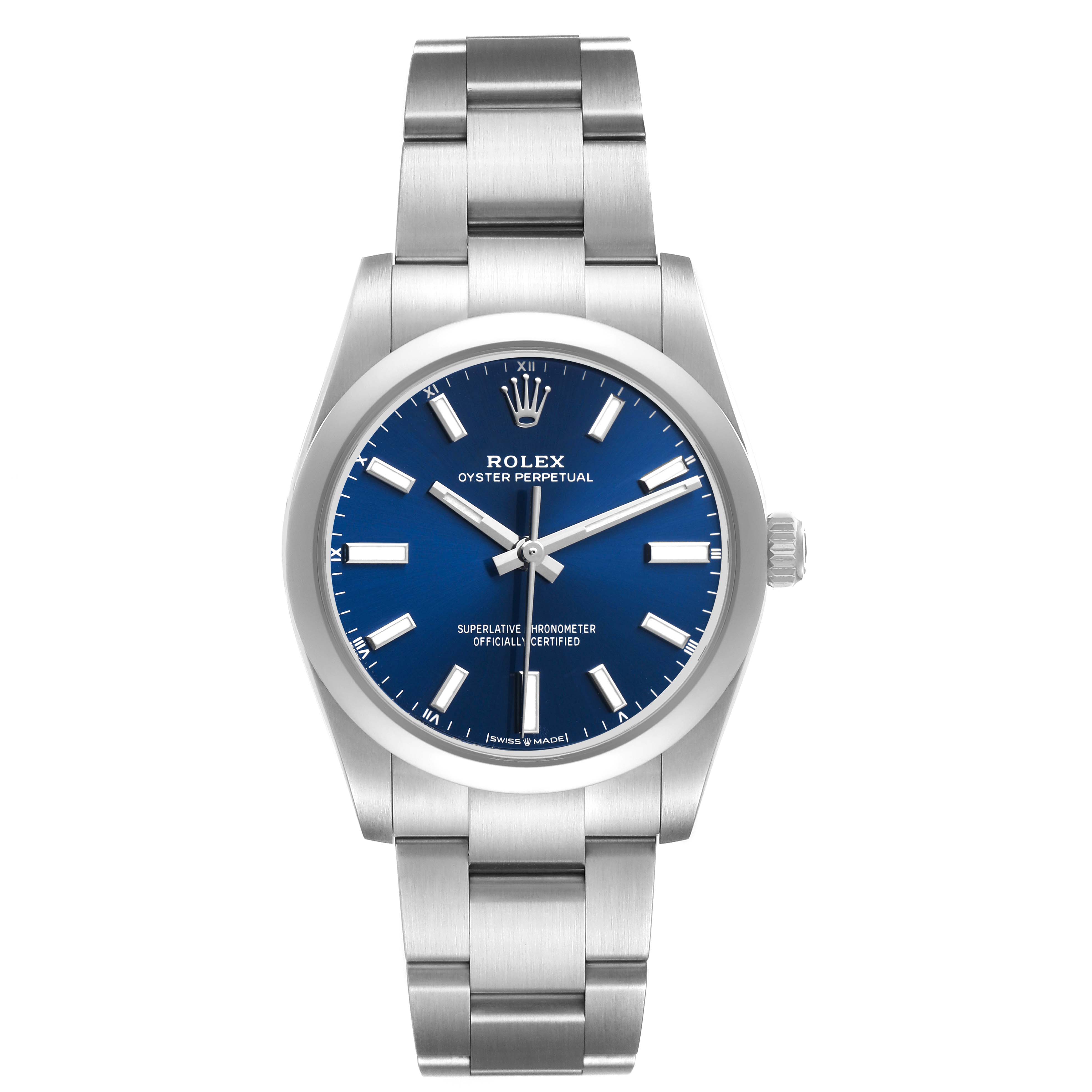 The Rolex Oyster Perpetual M124200-0003 Men's Stainless Steel Blue Dial watch is shown from a front angle, displaying the dial, bracelet, and bezel.