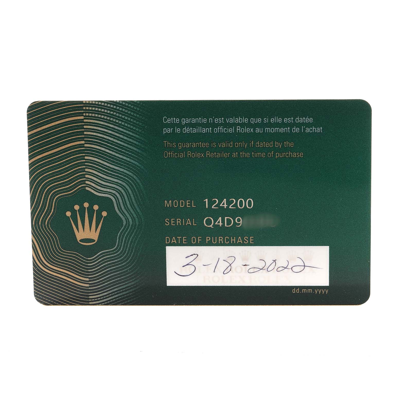 The image shows a guarantee card for a Rolex Oyster Perpetual M124200-0003 Men's Stainless Steel Blue Dial model 124200, featuring model and serial numbers.