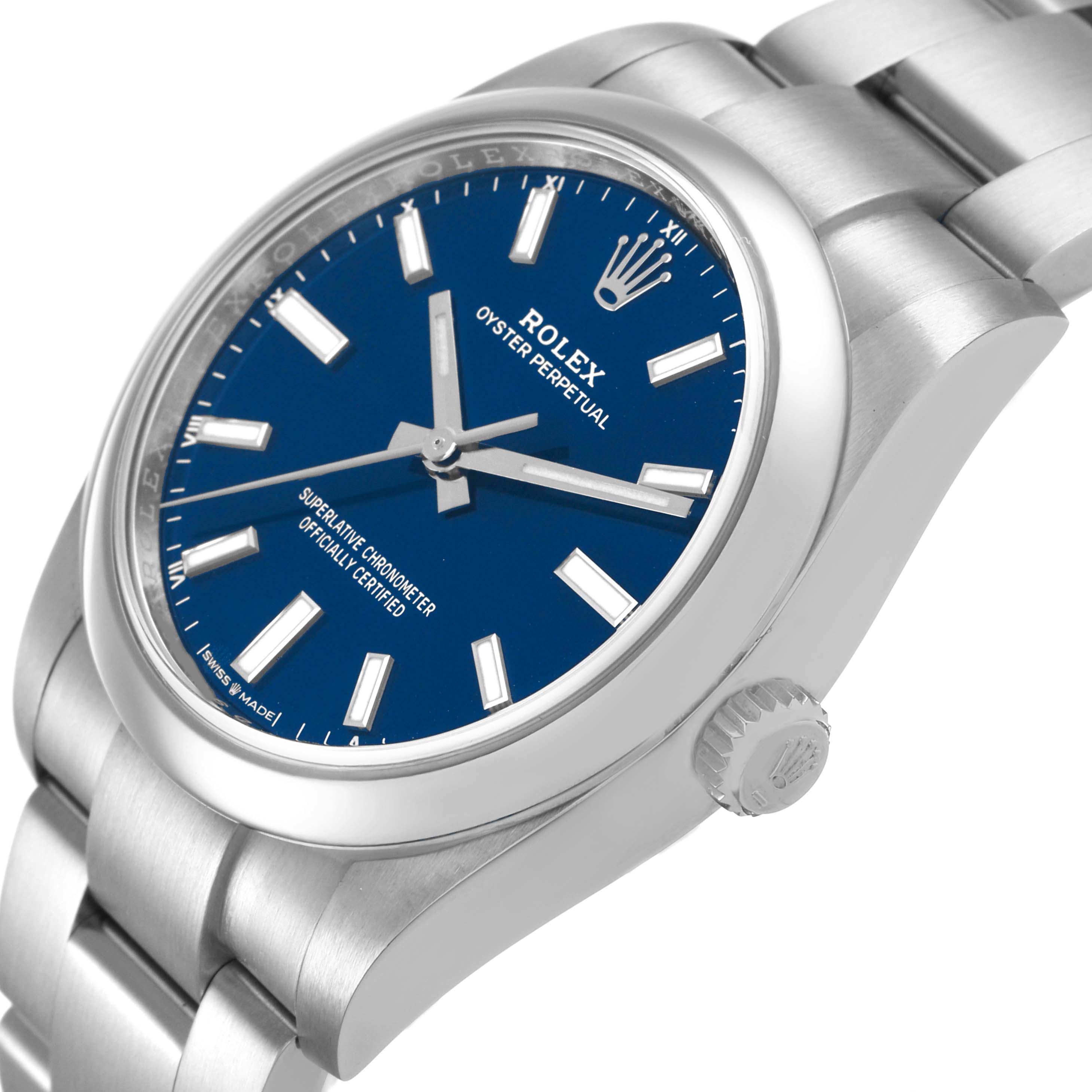 The Rolex Oyster Perpetual M124200-0003 Men's Stainless Steel Blue Dial watch is shown at a slight angle, highlighting the blue dial, bezel, crown, and part of the bracelet.